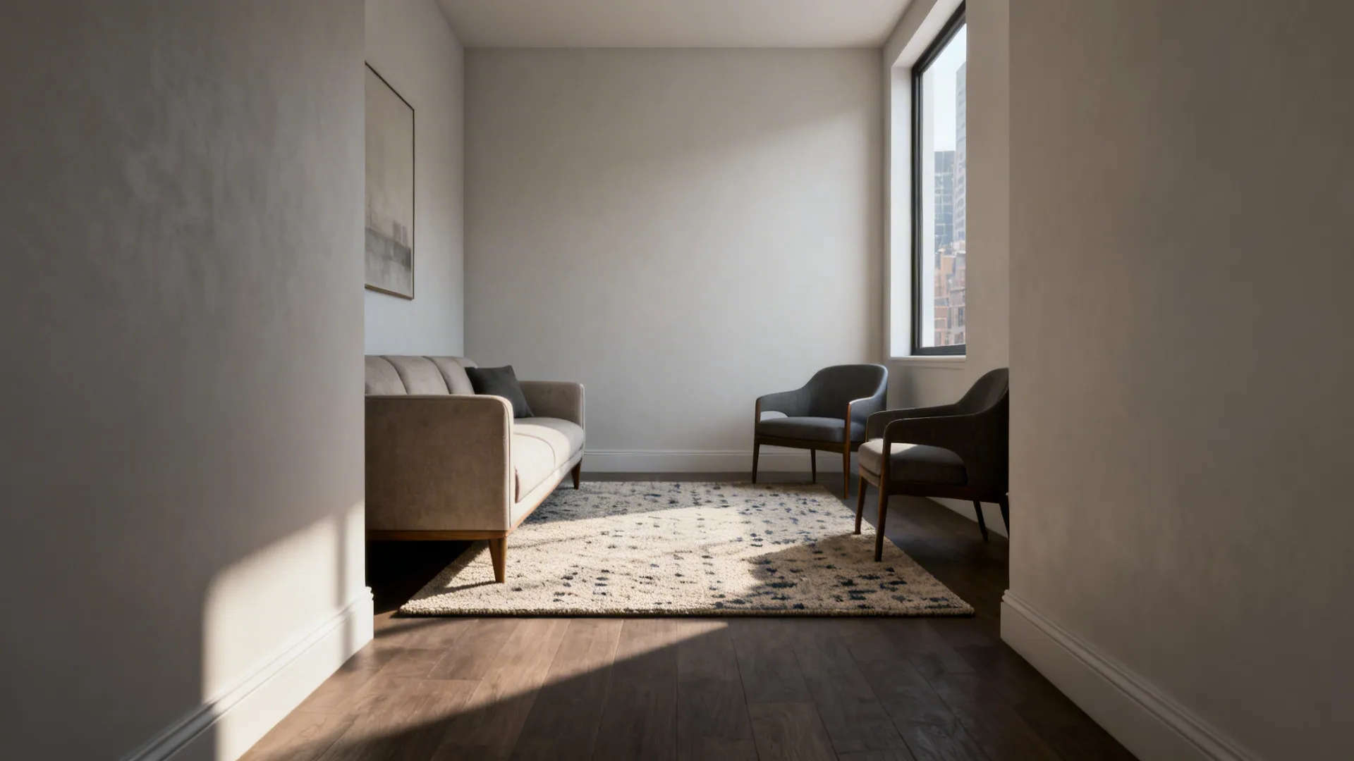 Narrow living room with only the front legs of seating on a medium rug showing an airy perimeter.