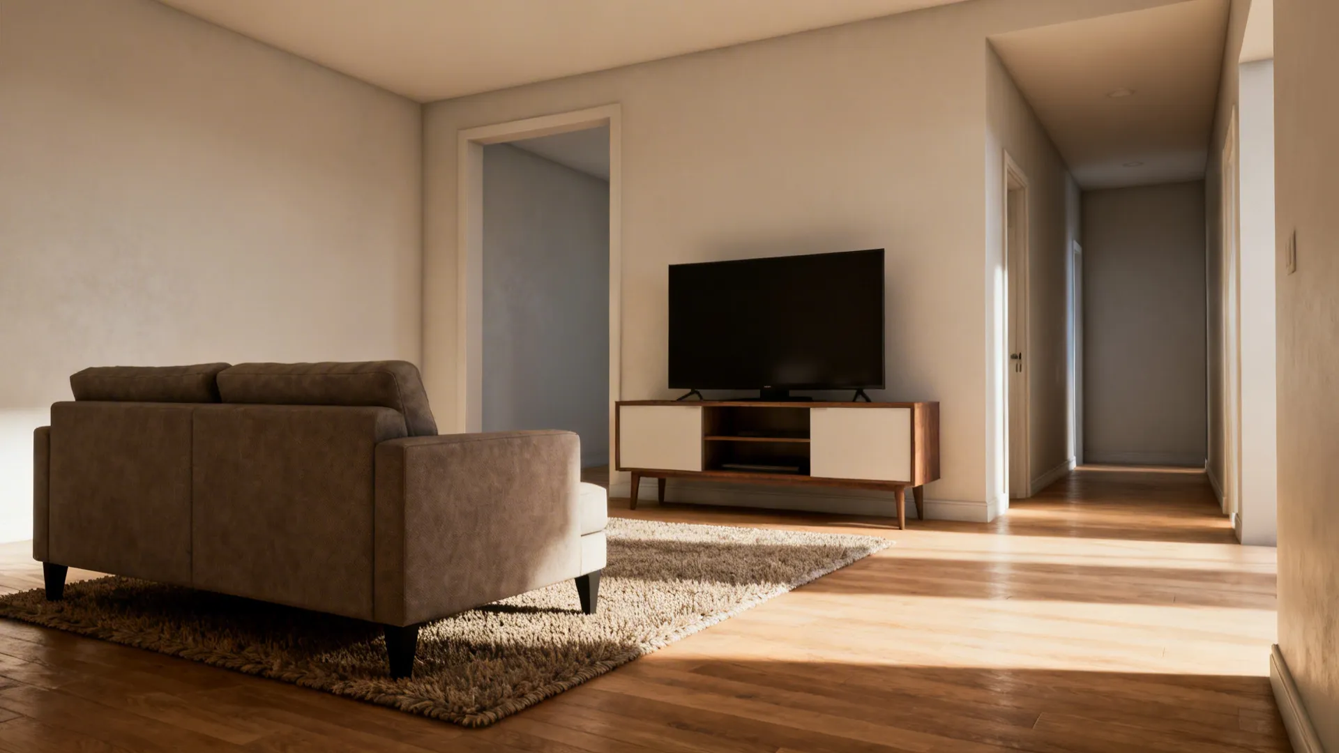 Modern living room with front legs of a grey sofa resting on a rug television