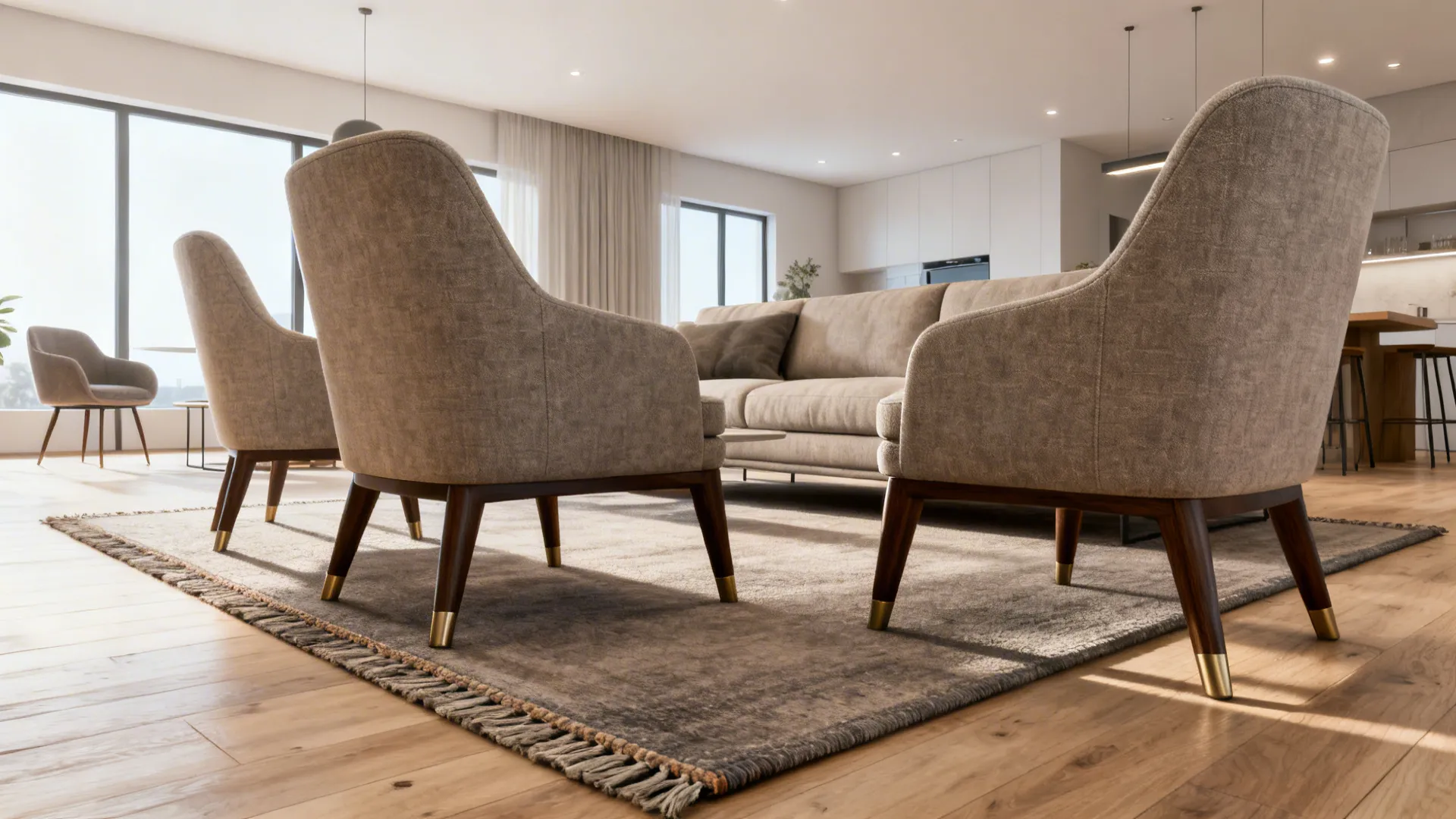 Open-plan living room with front legs of sofa and chairs resting on a medium rug extending beyond the sofa