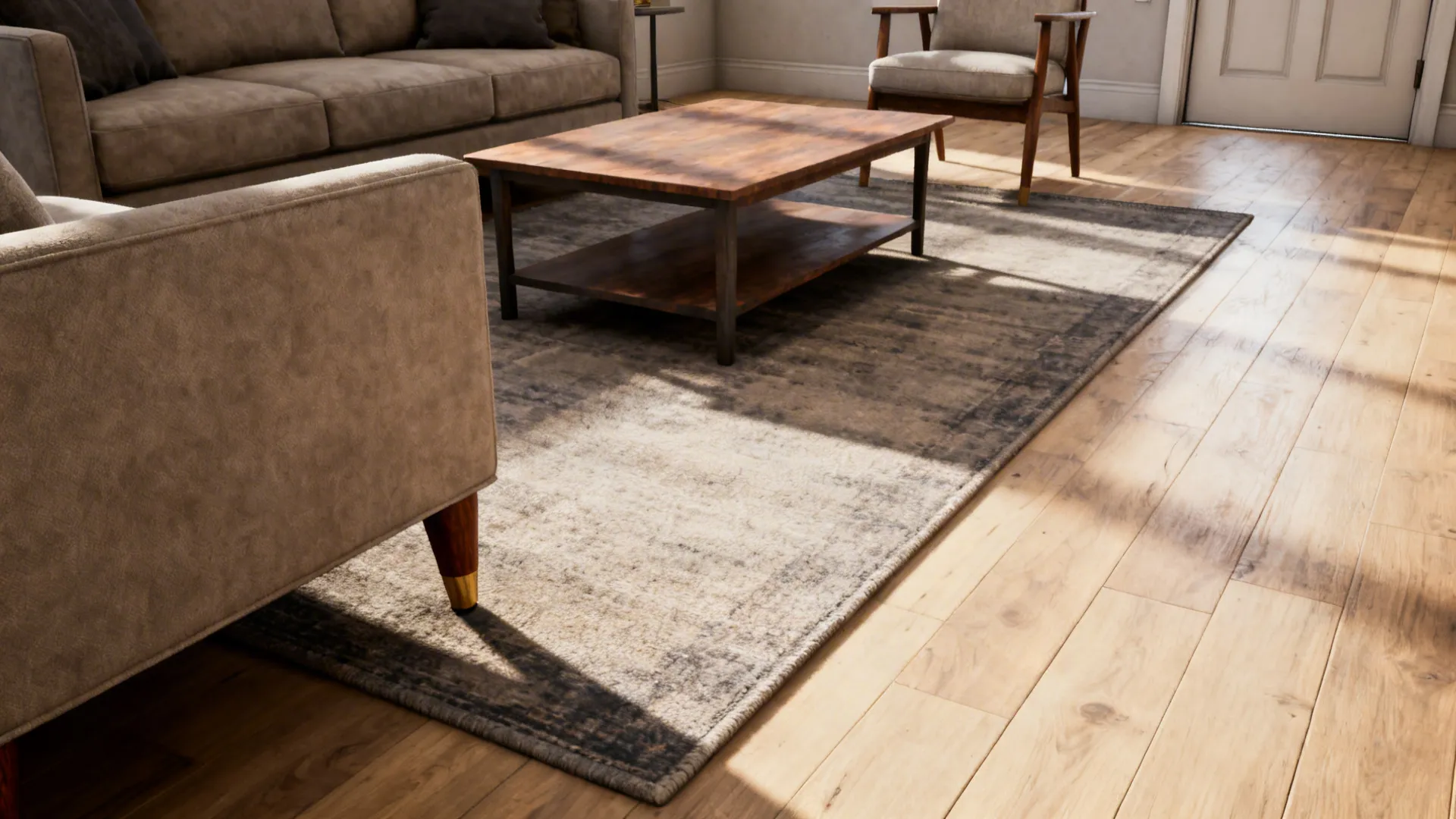 Small living room with the front legs of sofa and chairs resting on an 8x10 rug, coffee table centered.