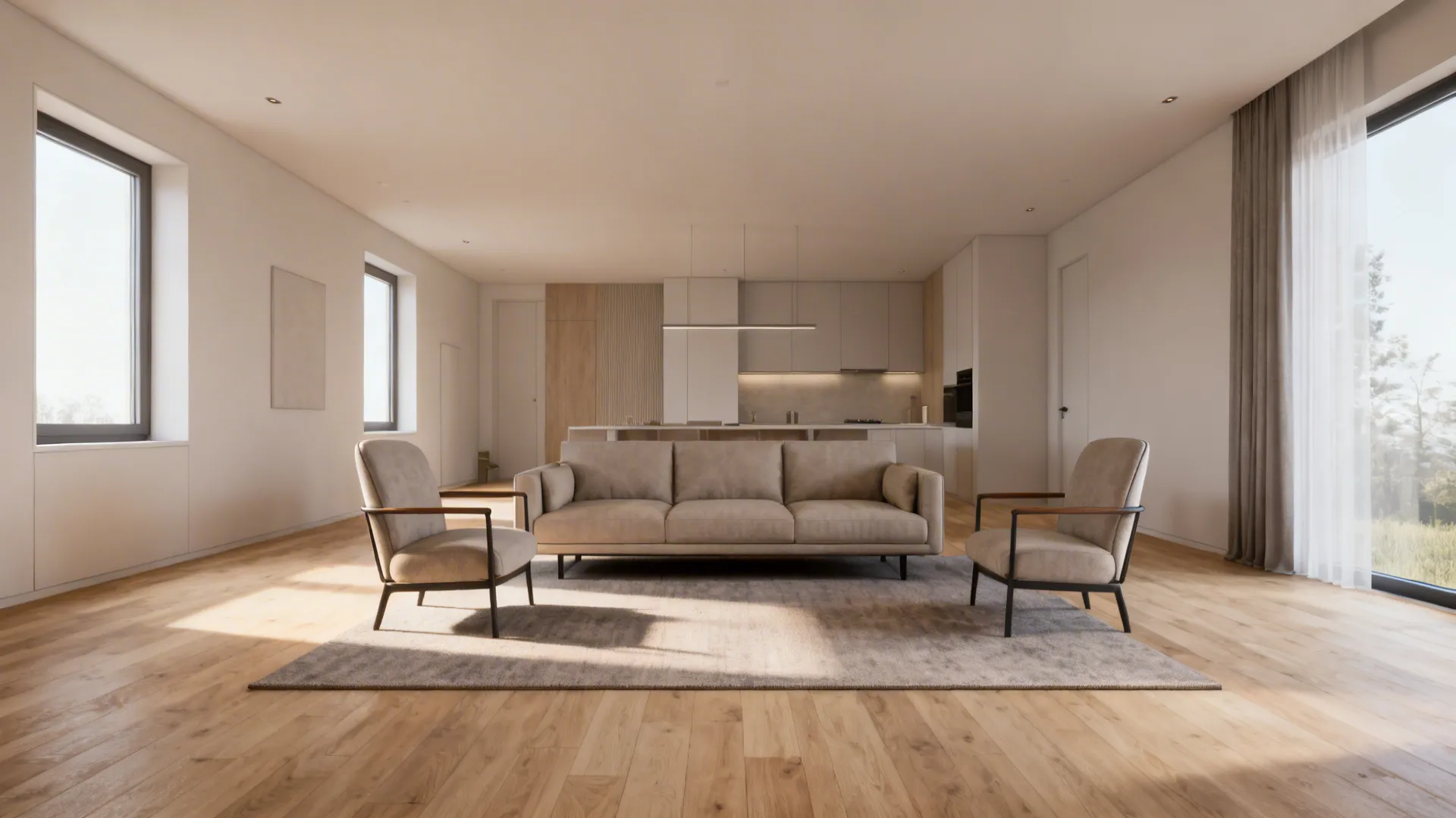 Open-plan living space with a moderate rug under the front legs of the sofa and chairs.