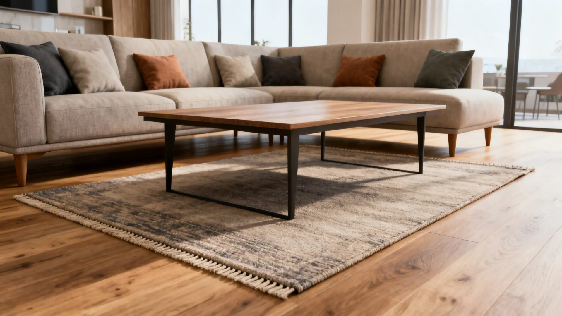 Medium rug under front legs of a sectional defining an open-plan seating area