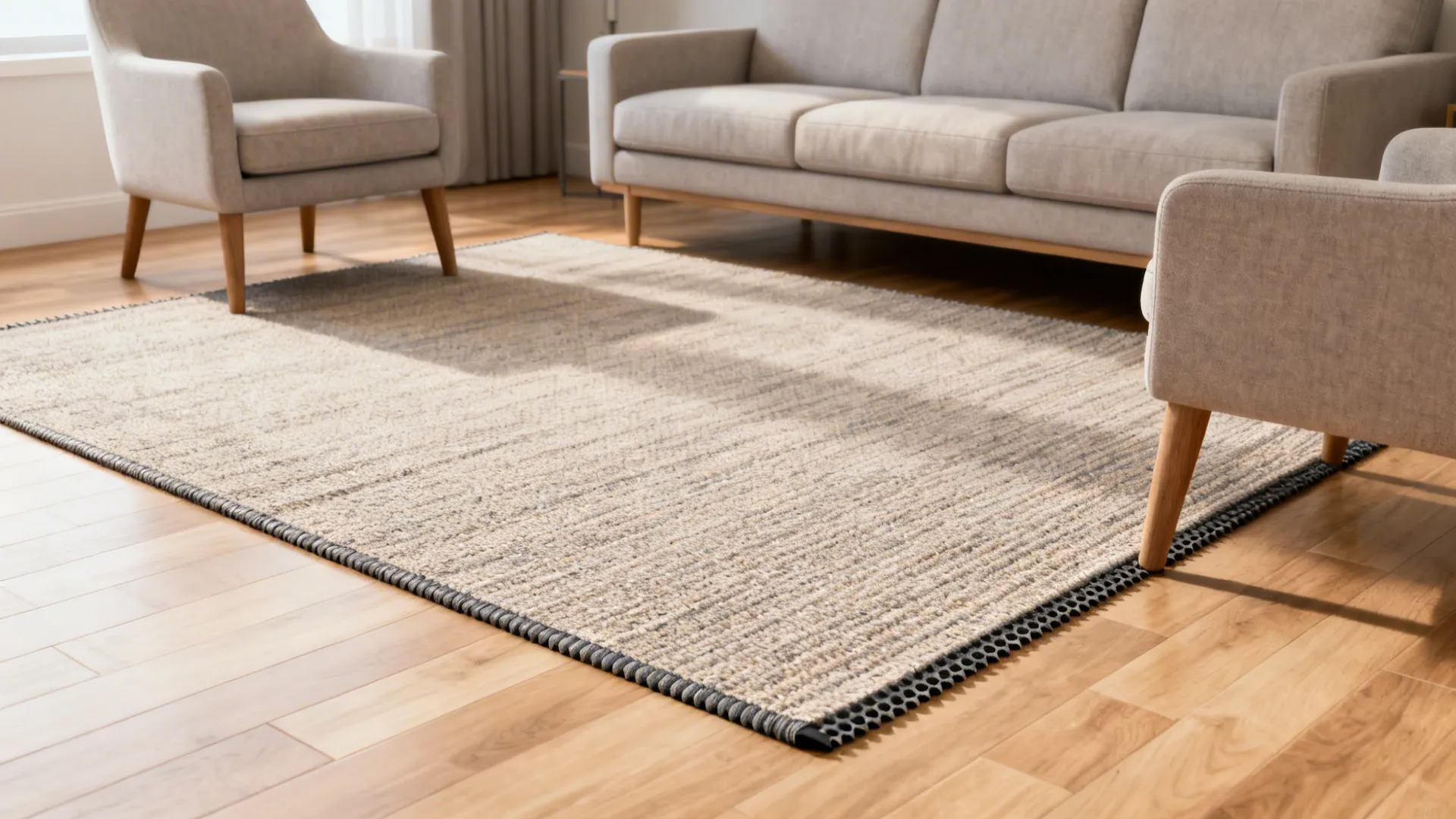 Renter-friendly living room with front legs of sofa and chairs on a medium rug and back legs on bare floor.