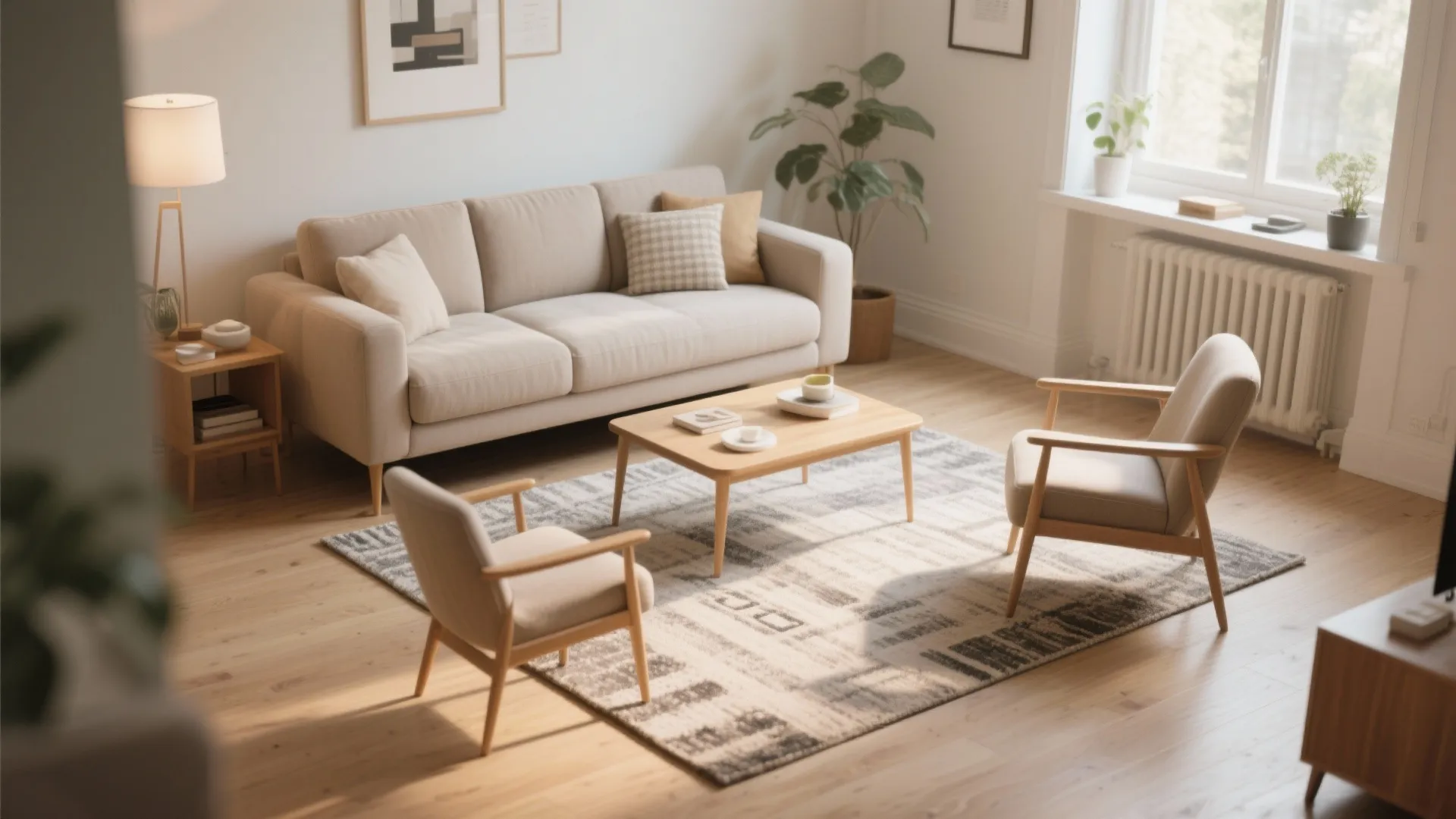 Small living room with two chairs and sofa front legs placed on a patterned rug