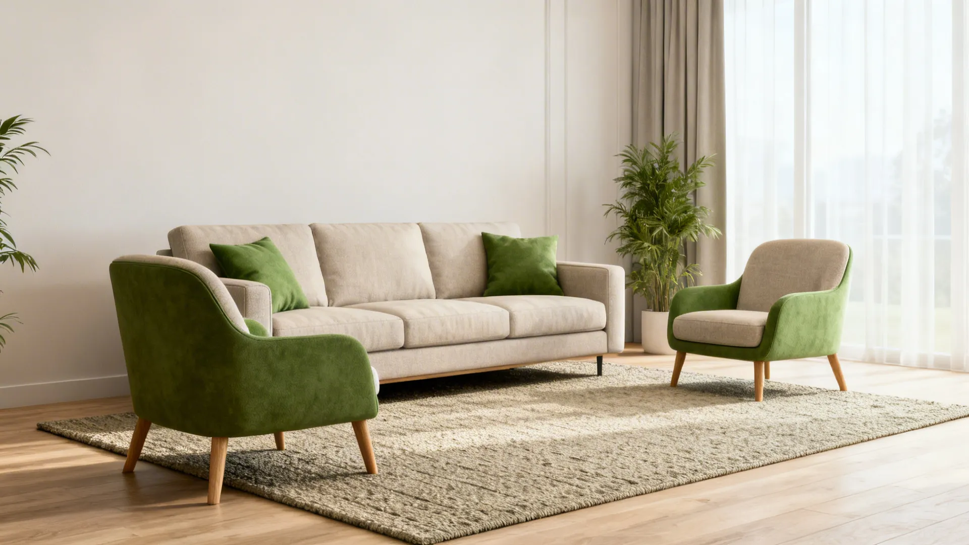 Mid-sized living room with only the front legs of sofa and chairs resting on the rug for a balanced look