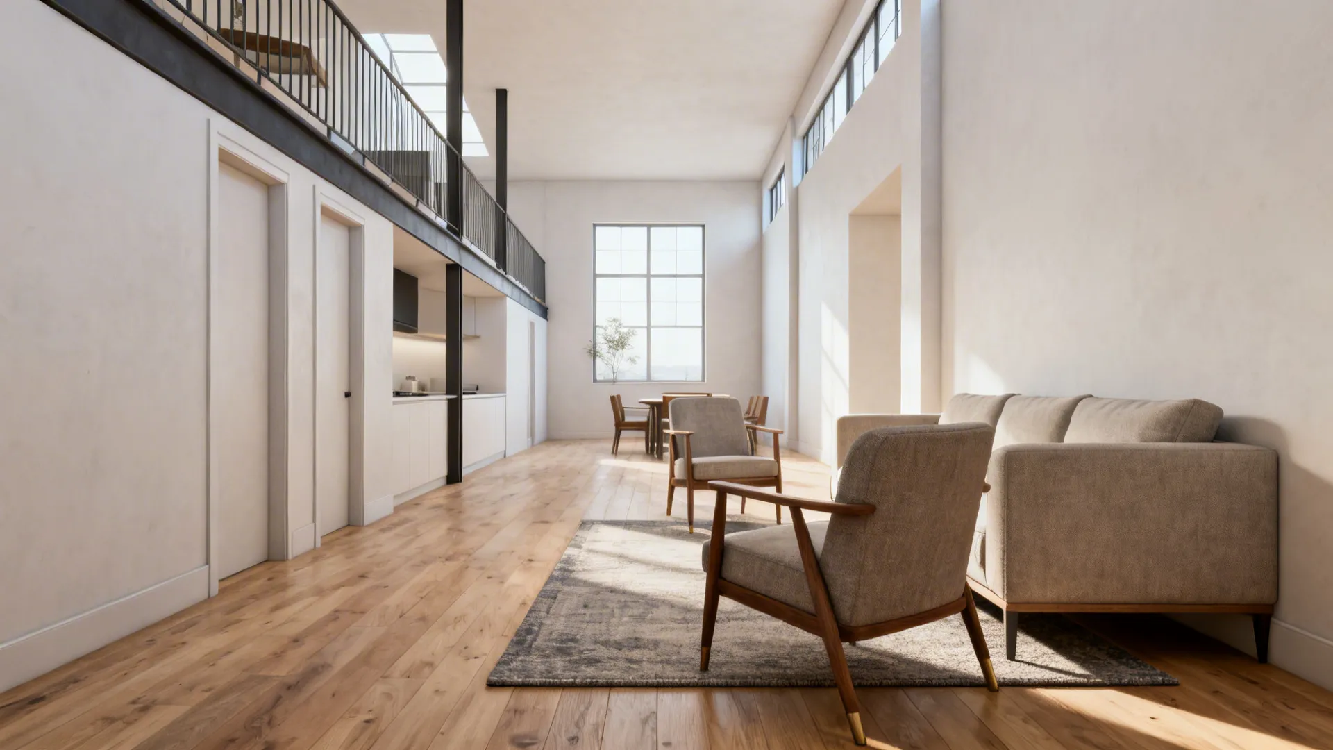 Narrow loft with a smaller rug under the front legs of seating to keep the space airy