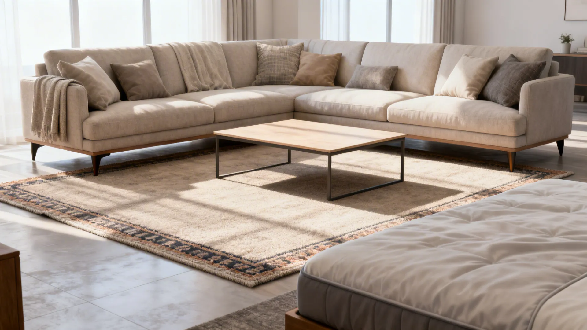 Mid-size living room where only the front legs of a sectional sit on a mid-sized rug with the coffee table fully on it.