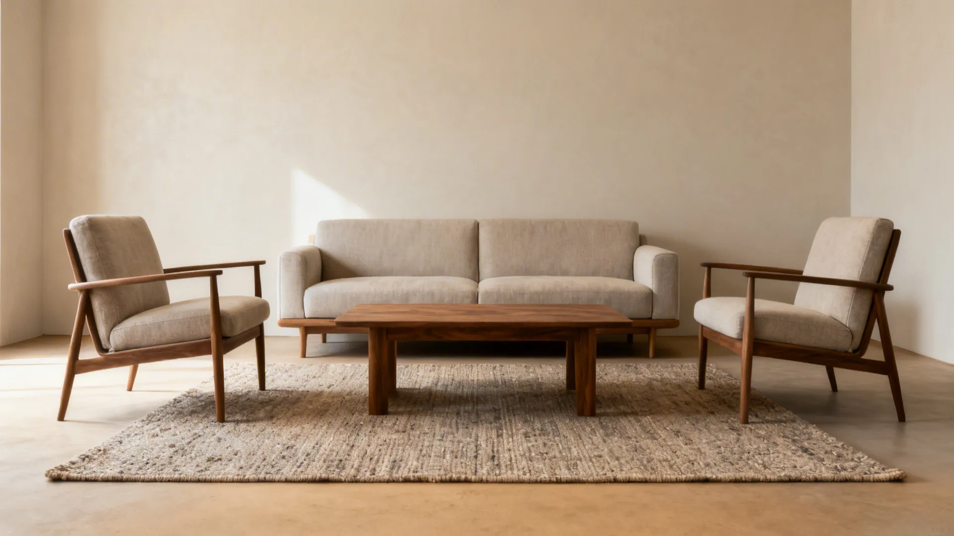 Medium living room with a rug under the front legs of sofa and chairs leaving floor border