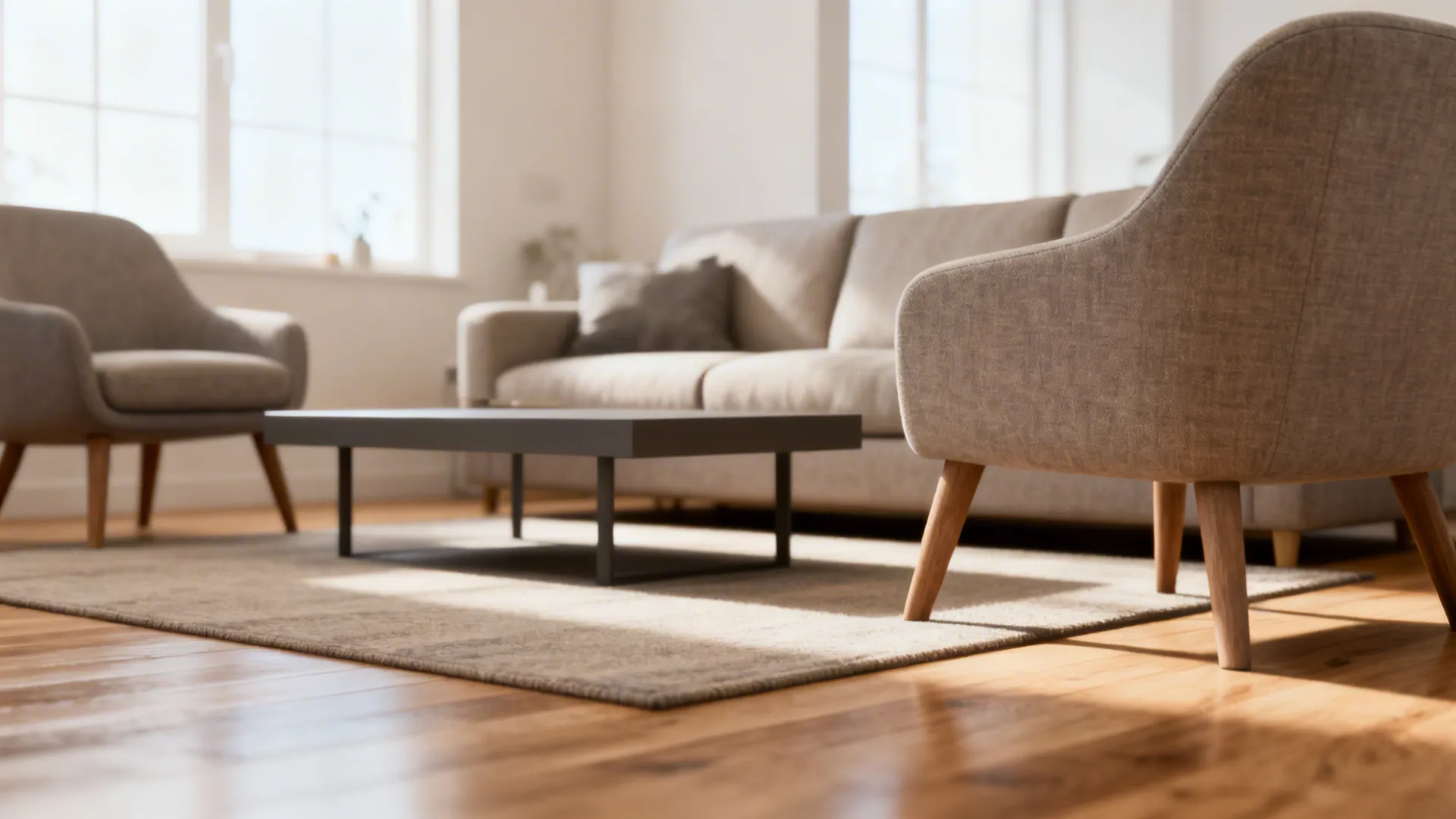 Grey armchairs with wooden legs placed on a textured rug in a sunny living room space