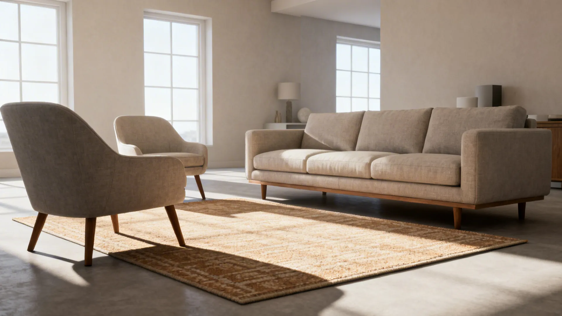 Living room where only the front legs of the sofa and chairs sit on a medium rug.