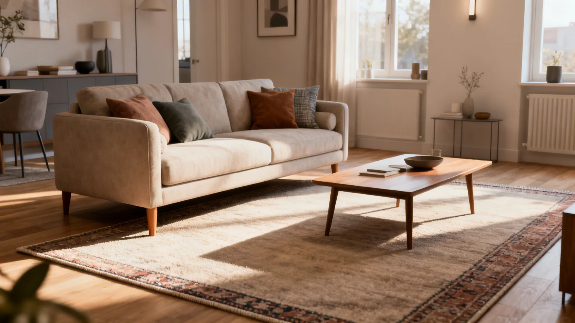 2. Front-legs-on approach (sofa front legs on rug)