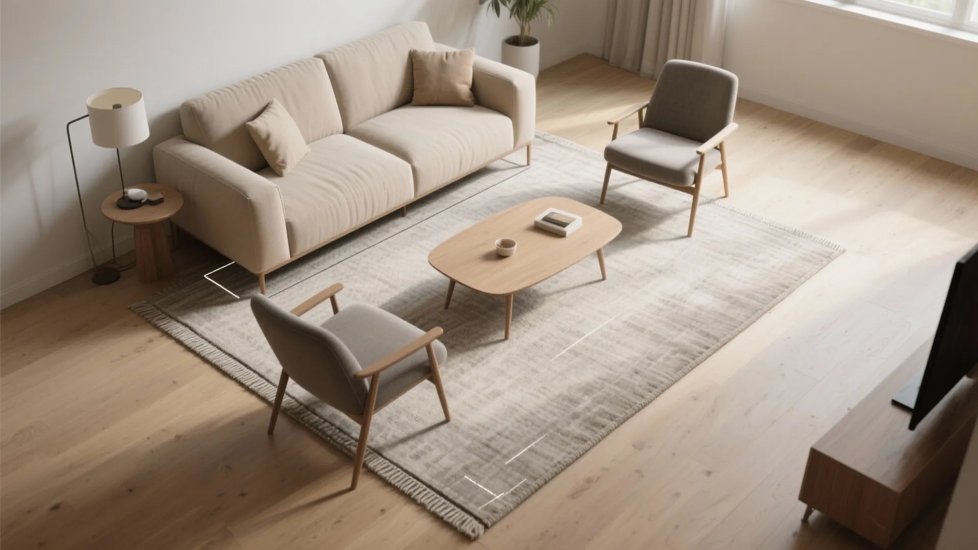 Top-down view of a small living room showing the front-legs rug rule with clear circulation and neutral tones.