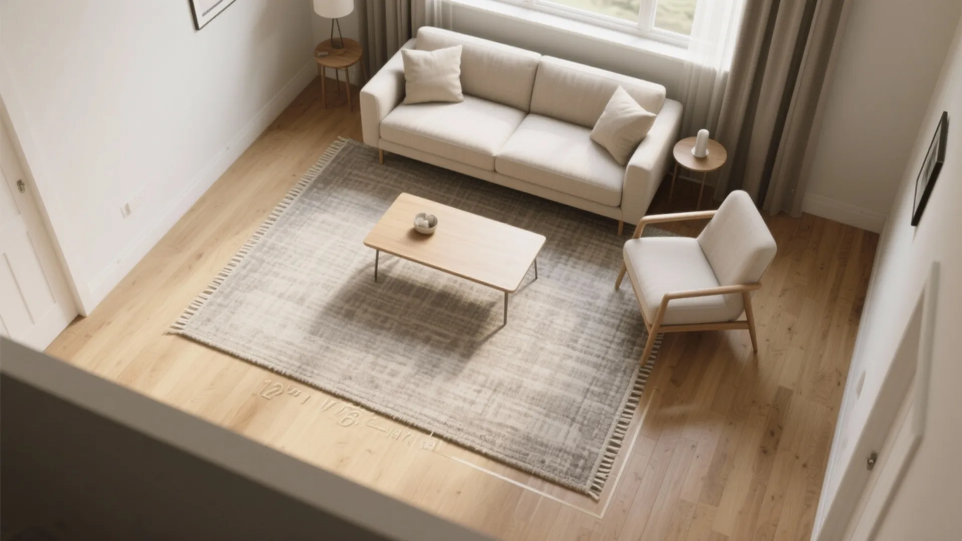 Modern living room layout with sofa, coffee table, armchair, and rug on wooden floor boards