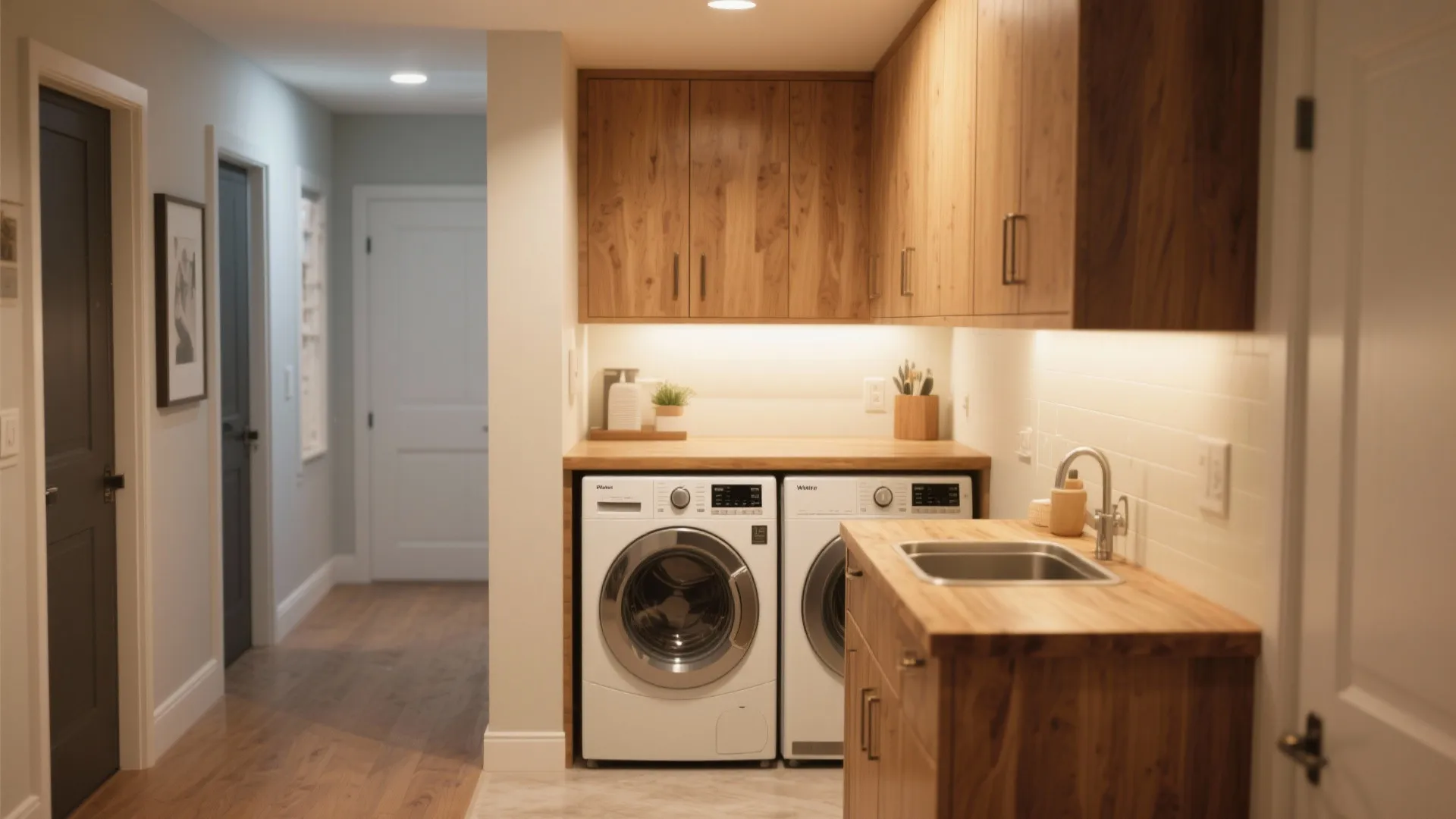 Modern laundry room featuring front load washing machines under wood countertop with matching wood storage cabinets