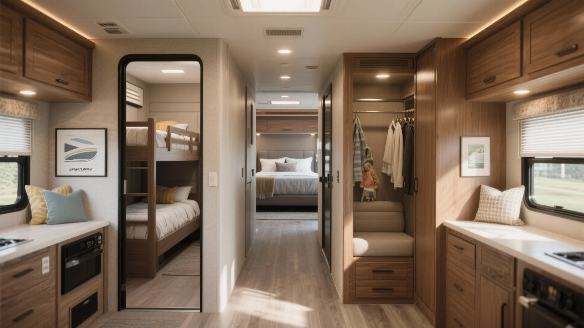 Interior showing a front master and a rear bunk room separated by a center corridor in a fifth wheel.