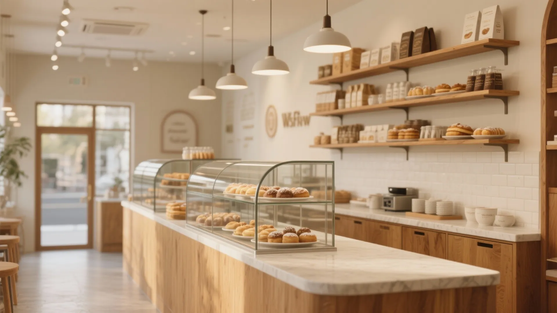 Bakery interior with marble counter glass display cases wooden shelves and white hanging ceiling lights