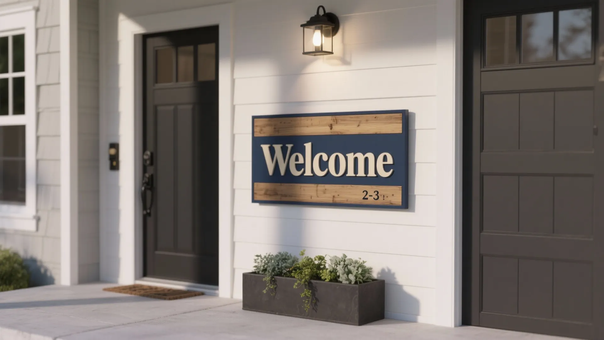 Modern white front porch featuring a black door, blue welcome sign, wall light, and plants