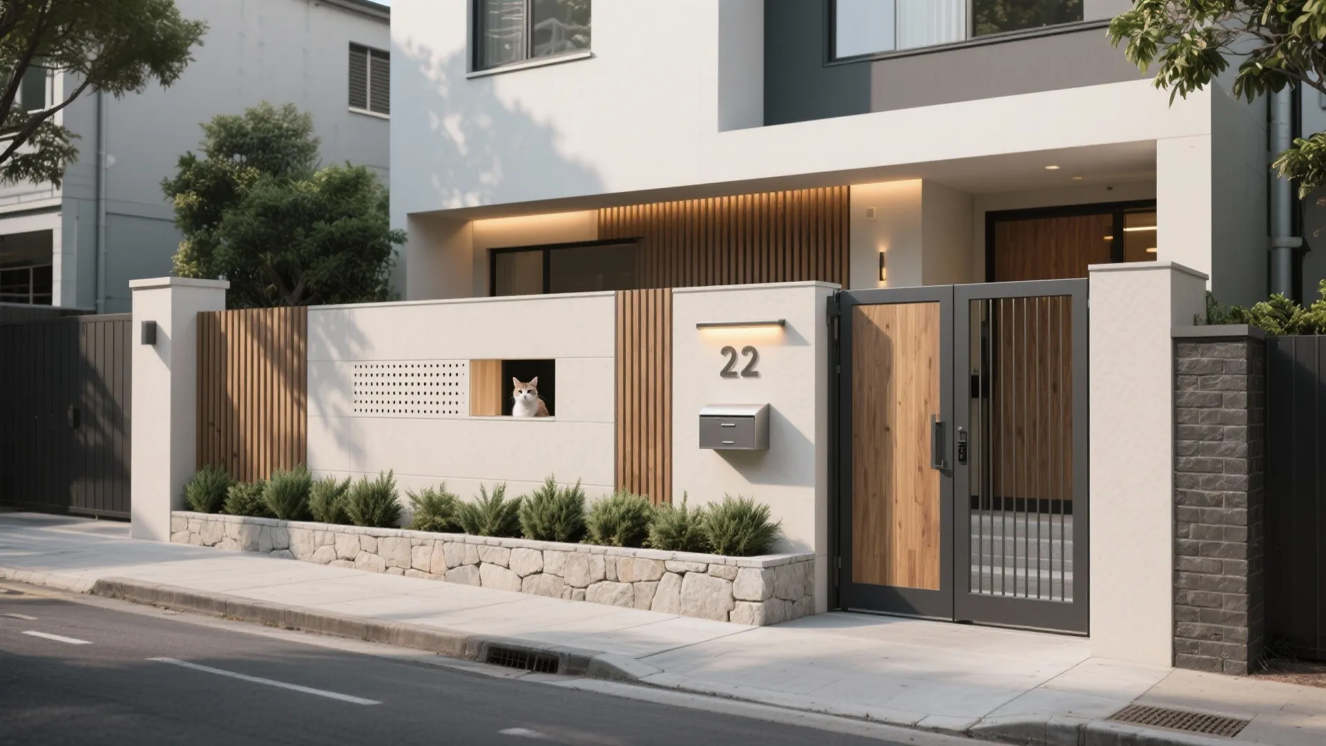 Modern white front wall with wood panels featuring a small window for a pet cat