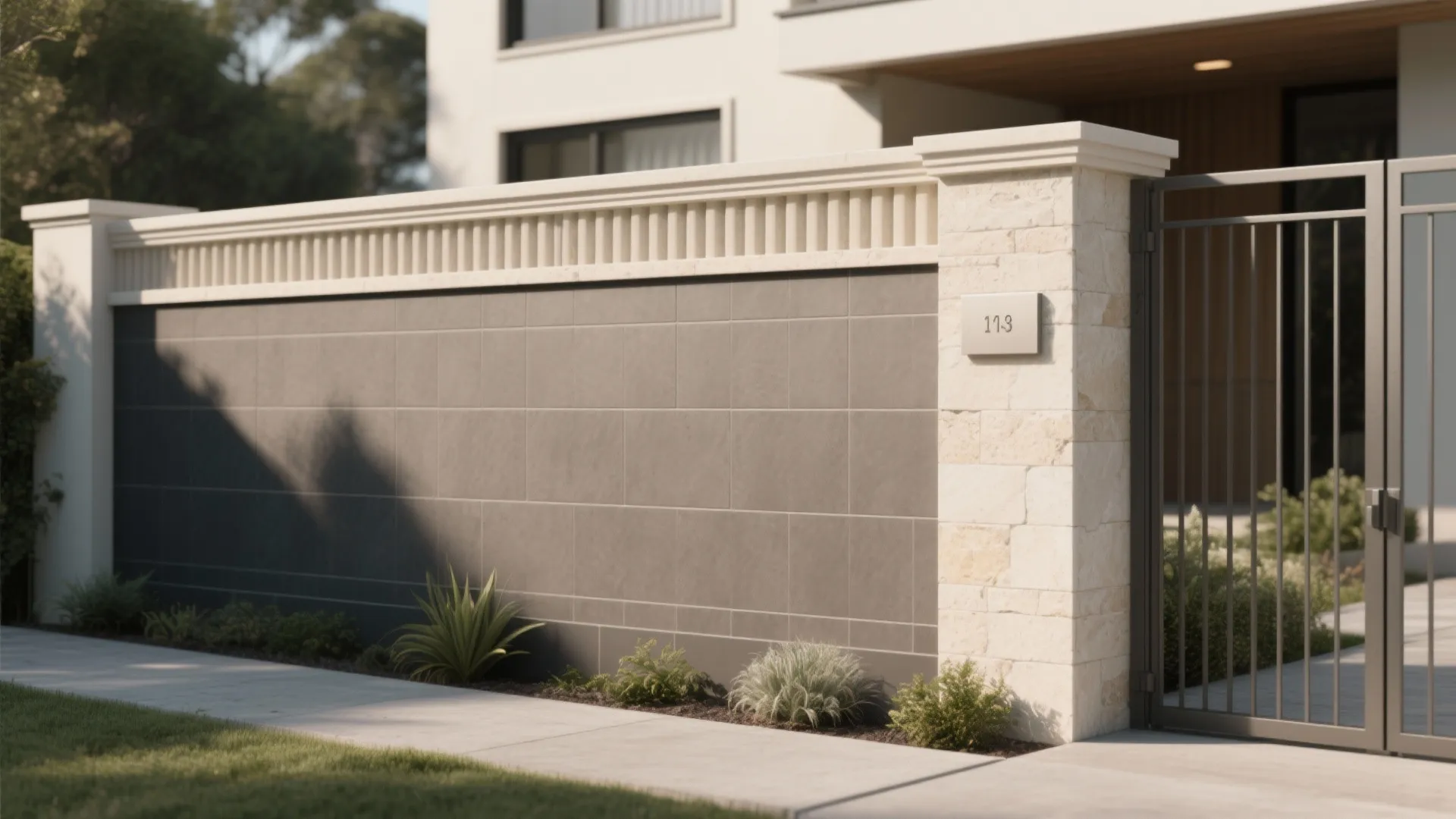 Modern grey garden wall with white stone pillars next to a metal gate and plants