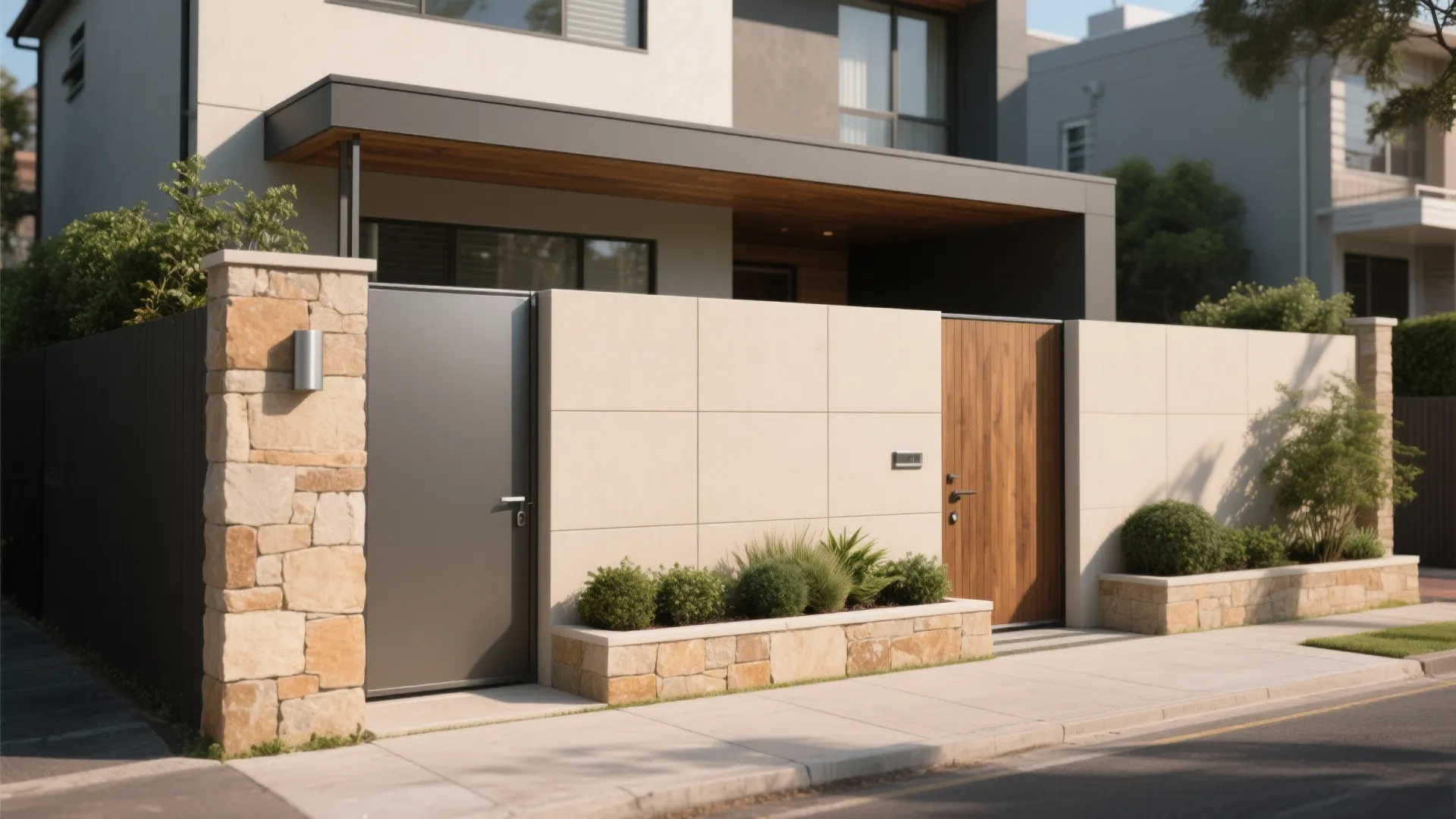 Front wall of a house featuring a grey metal gate and a brown wooden door