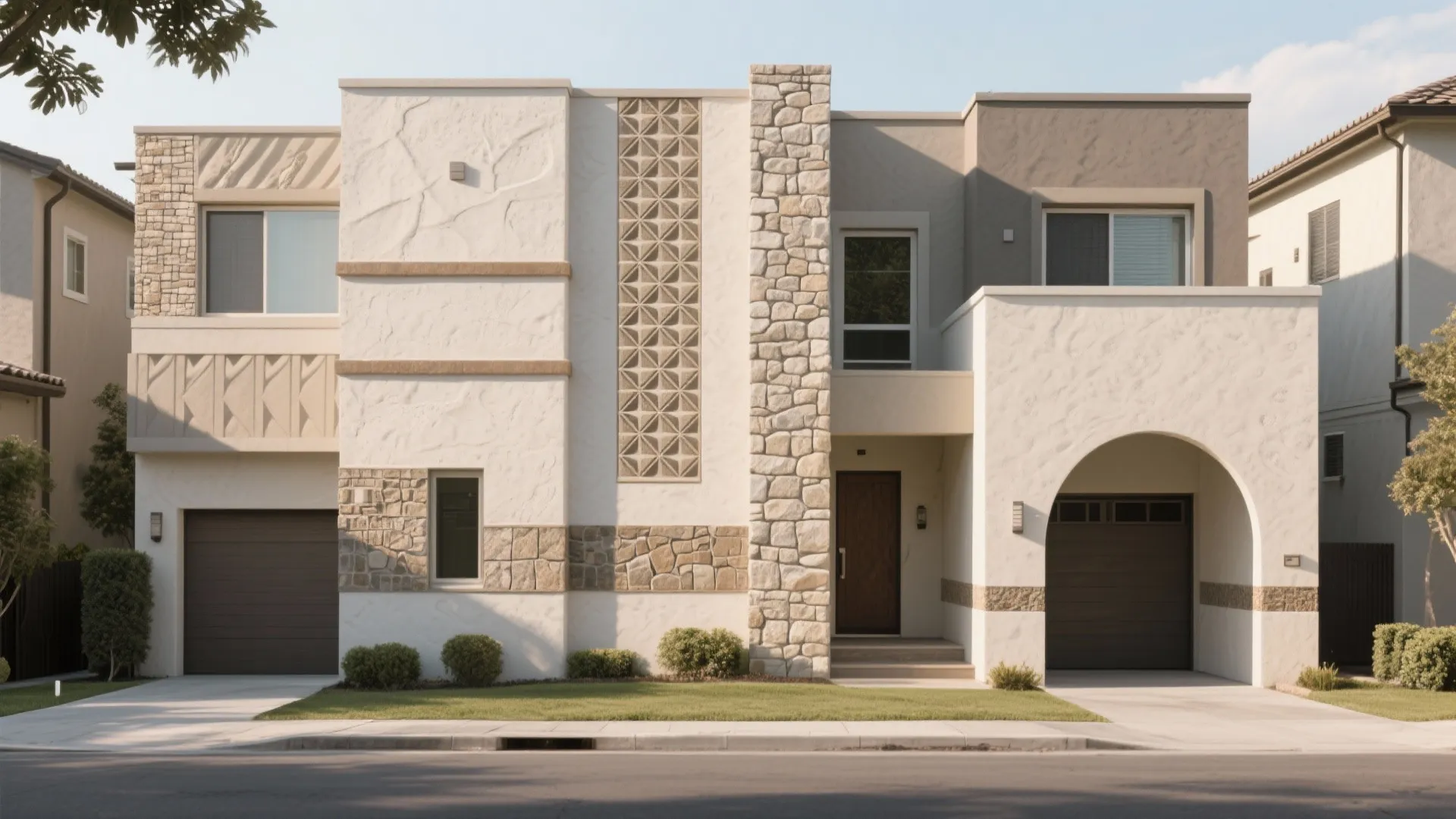 Two story house exterior with decorative wall panels stone details brown garage doors and grass