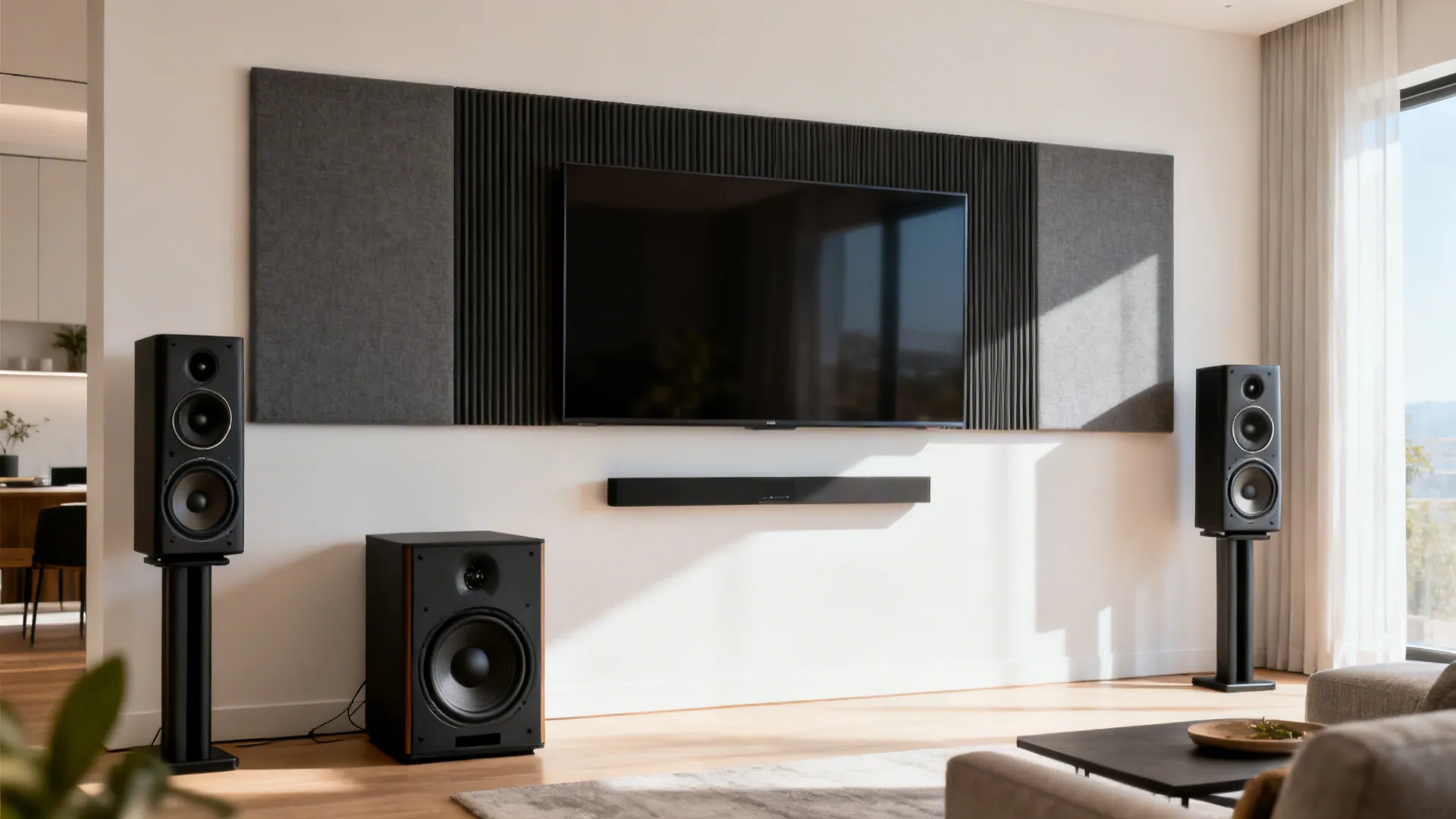 Subwoofer placed along the front wall near the main speakers for tight, synchronized bass.