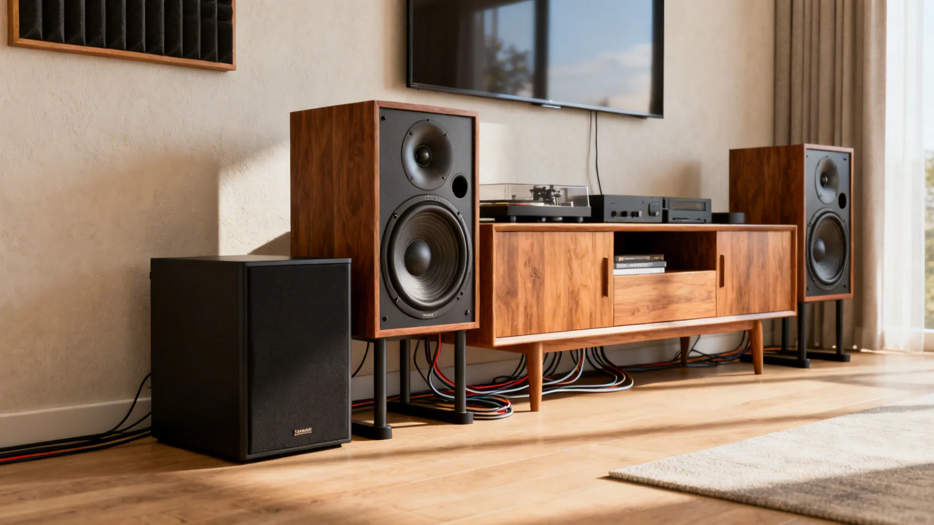 Living room with wooden cabinet, large speakers on stands, black subwoofer, and wall mounted television