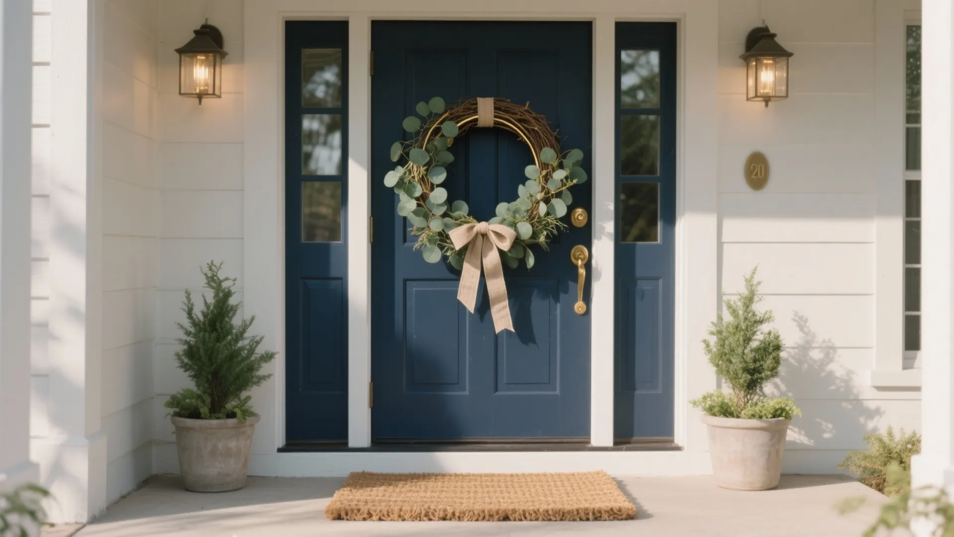Navy blue front door with green wreath and bow between two wall lights and plants