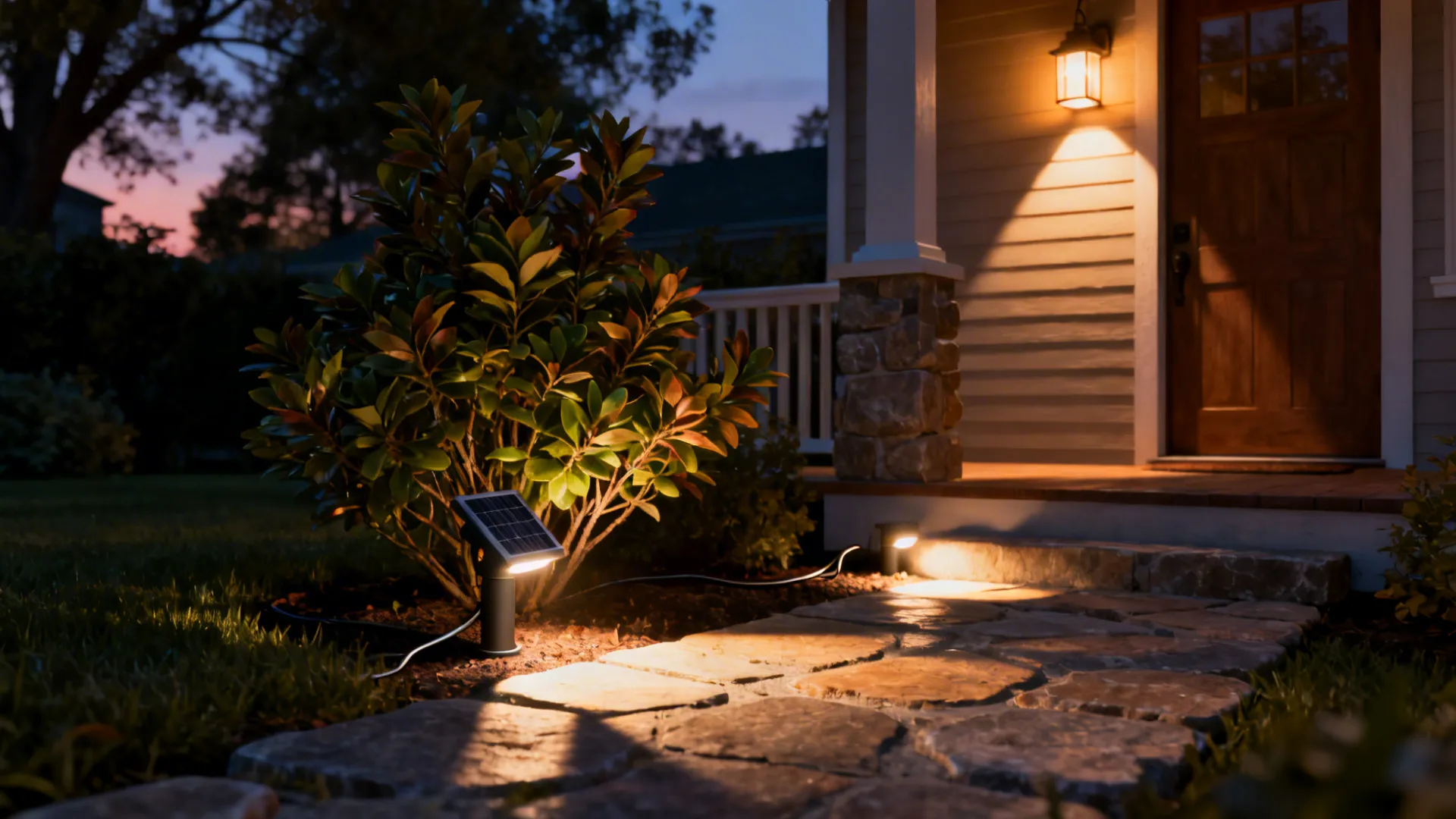 Dusk view of a small front yard lit by uplight, pathway LEDs, and a warm porch lamp creating depth.