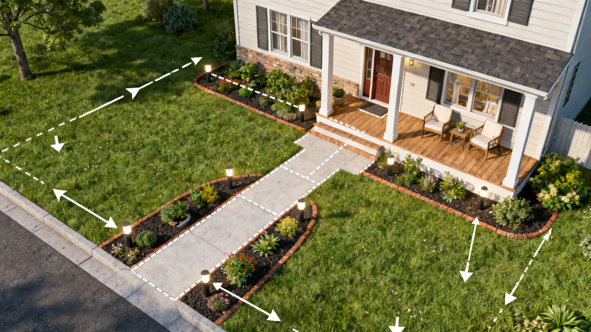 Top-down planner view of a small front yard showing pathway, planters, lighting nodes and porch furniture layout.