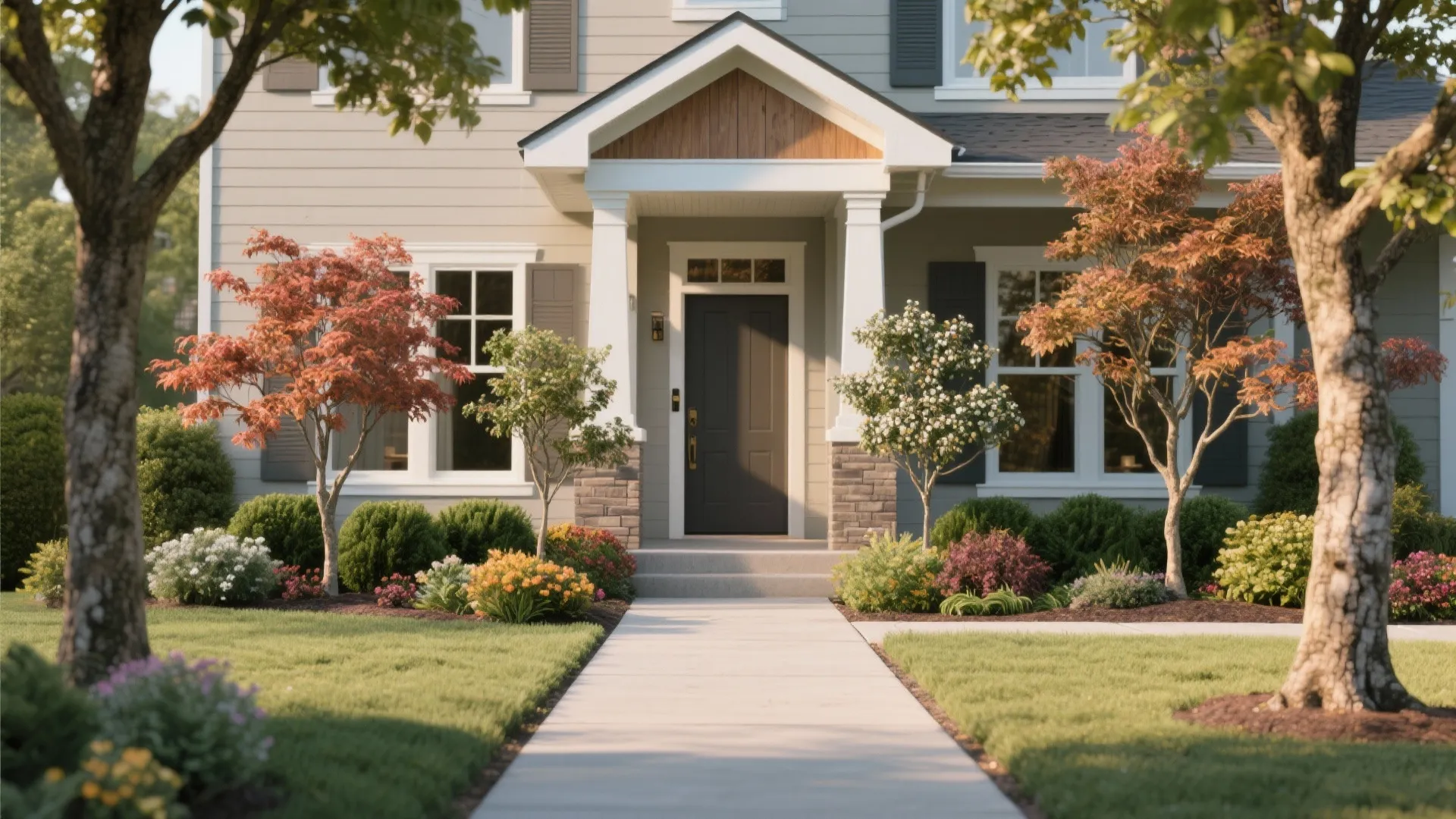 Beautiful front yard landscape with concrete walkway green lawn colorful flower bushes and small decorative trees