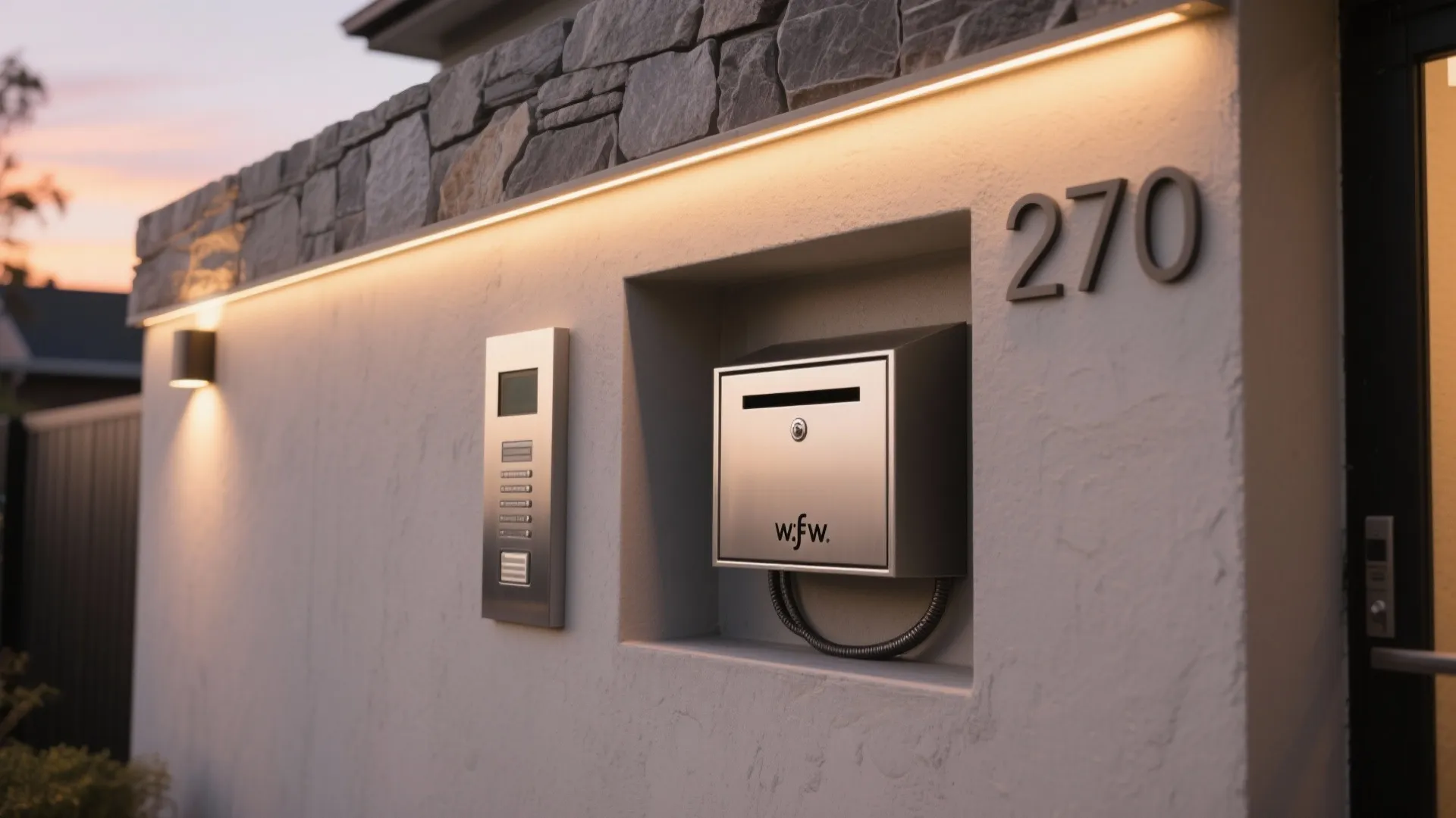 Entrance wall with silver mailbox intercom system house number and long strip light under stone