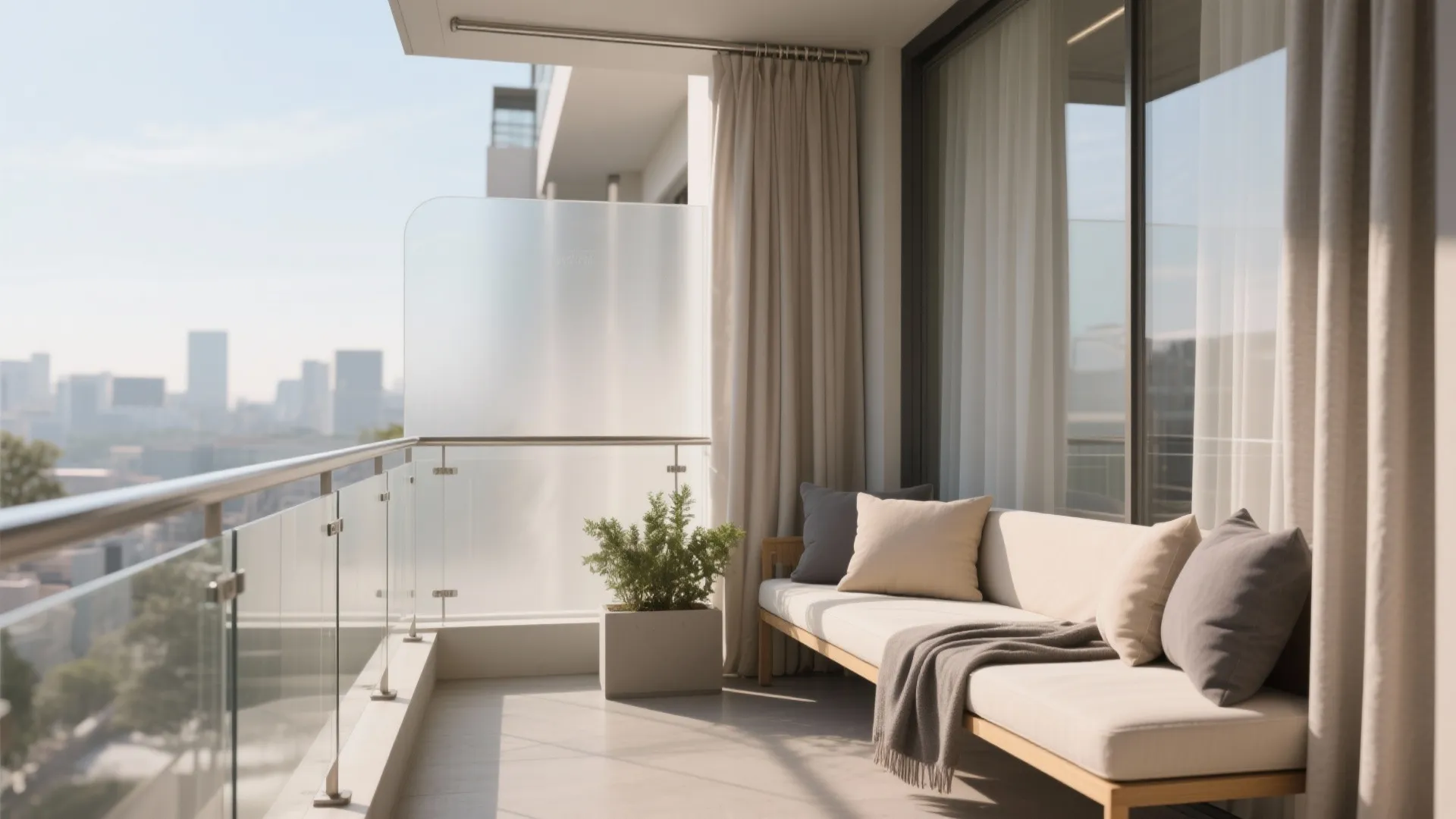 Layered Privacy: Frosted Panels + Outdoor Curtains