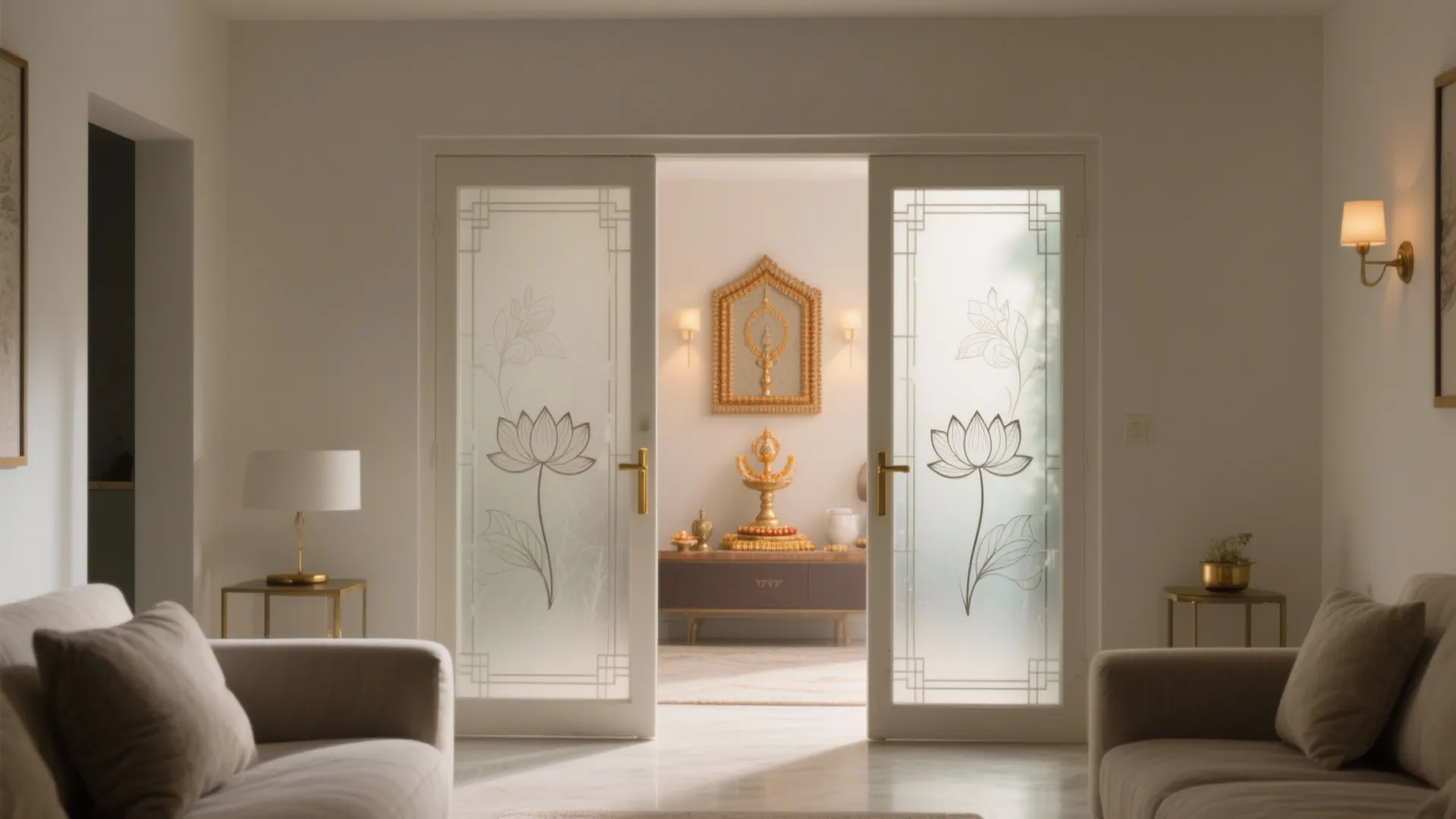 Frosted double glass pooja doors with a subtle lotus etching that diffuses warm light and adds privacy in a modern living space.