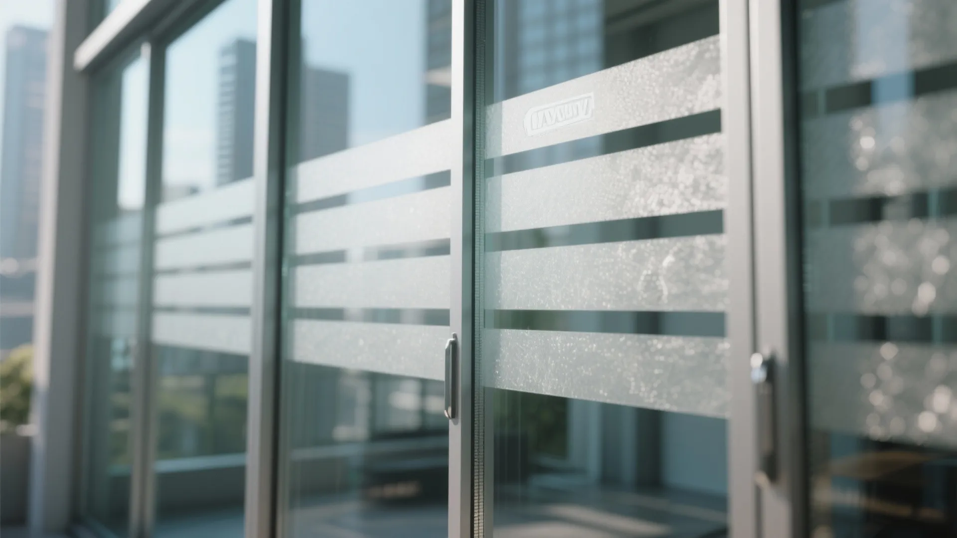 Glass sliding doors with horizontal frosted privacy film stripes and silver metal frames for office rooms
