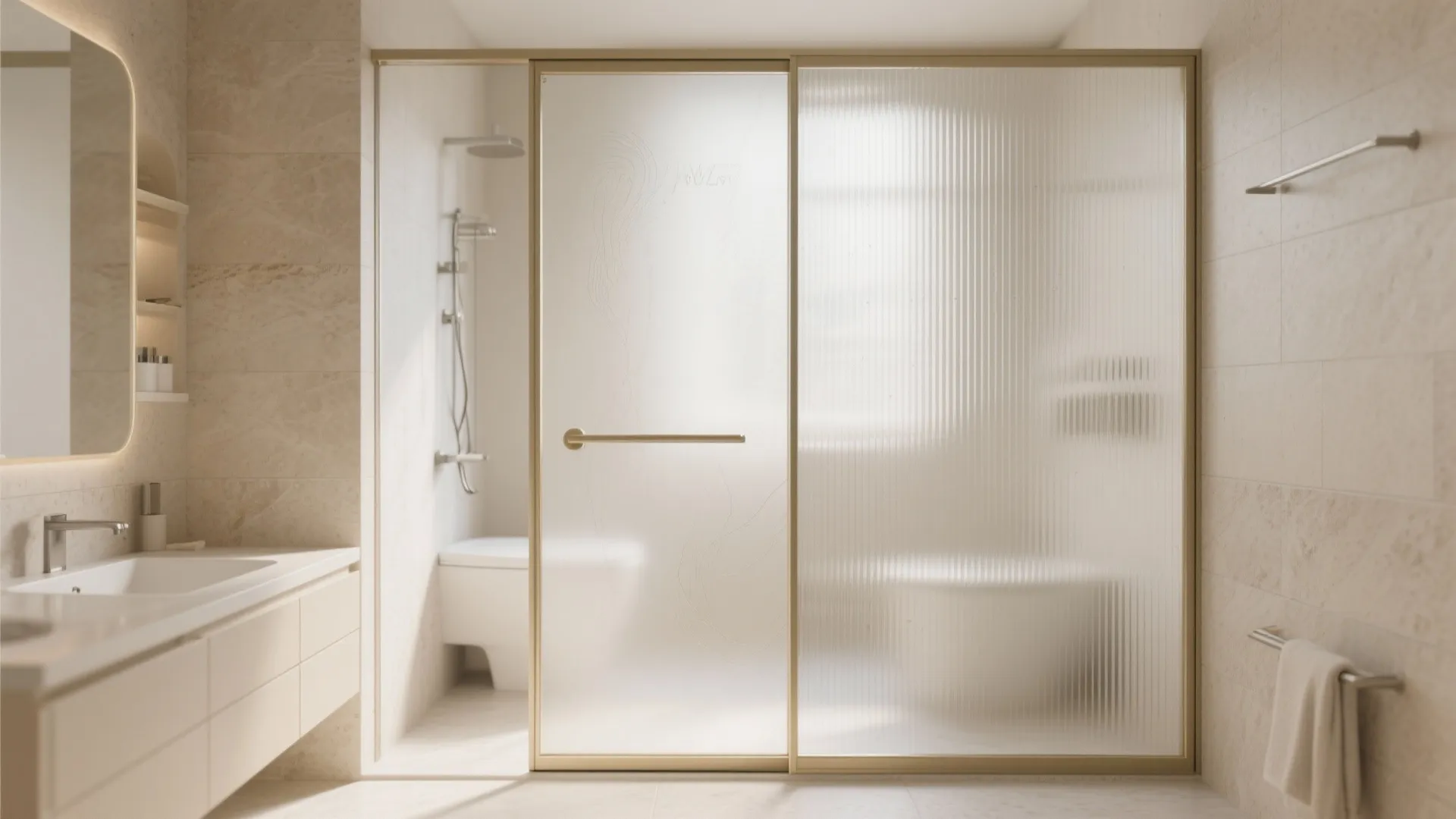 Frosted or fluted glass with aluminium frames for soft privacy