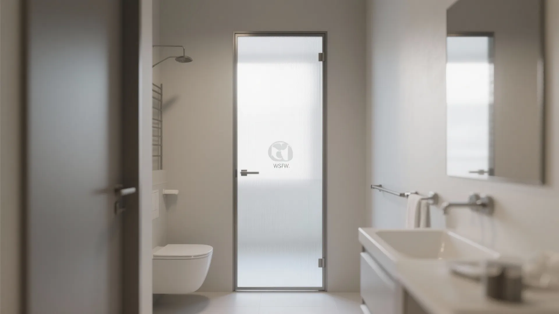 Bright bathroom design showing frosted glass door with metal frame white sink mirror and toilet