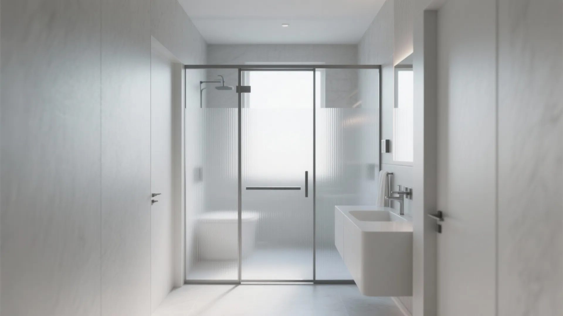 Modern white bathroom featuring frosted glass shower door white sink cabinet and bright indoor natural lighting