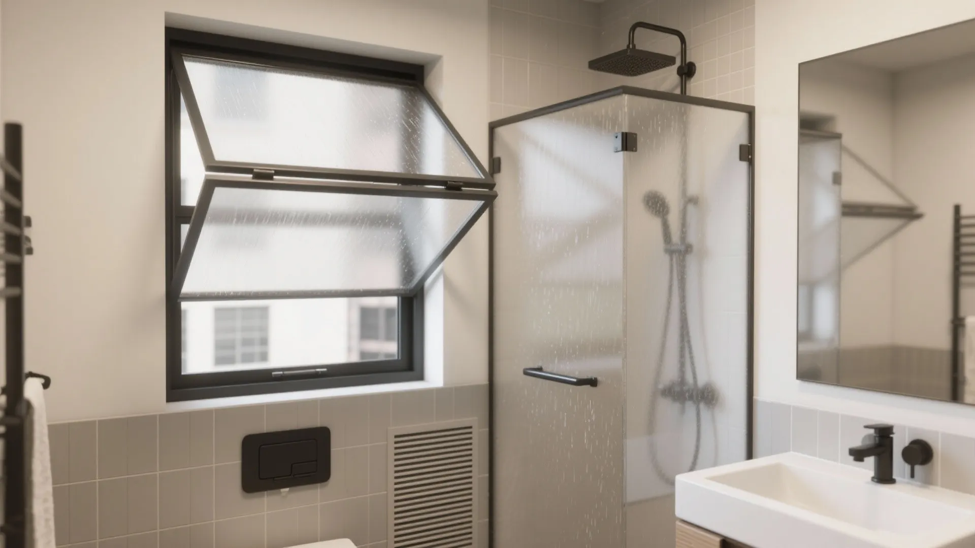 Bright bathroom interior with open glass windows glass shower door white sink and grey tiles