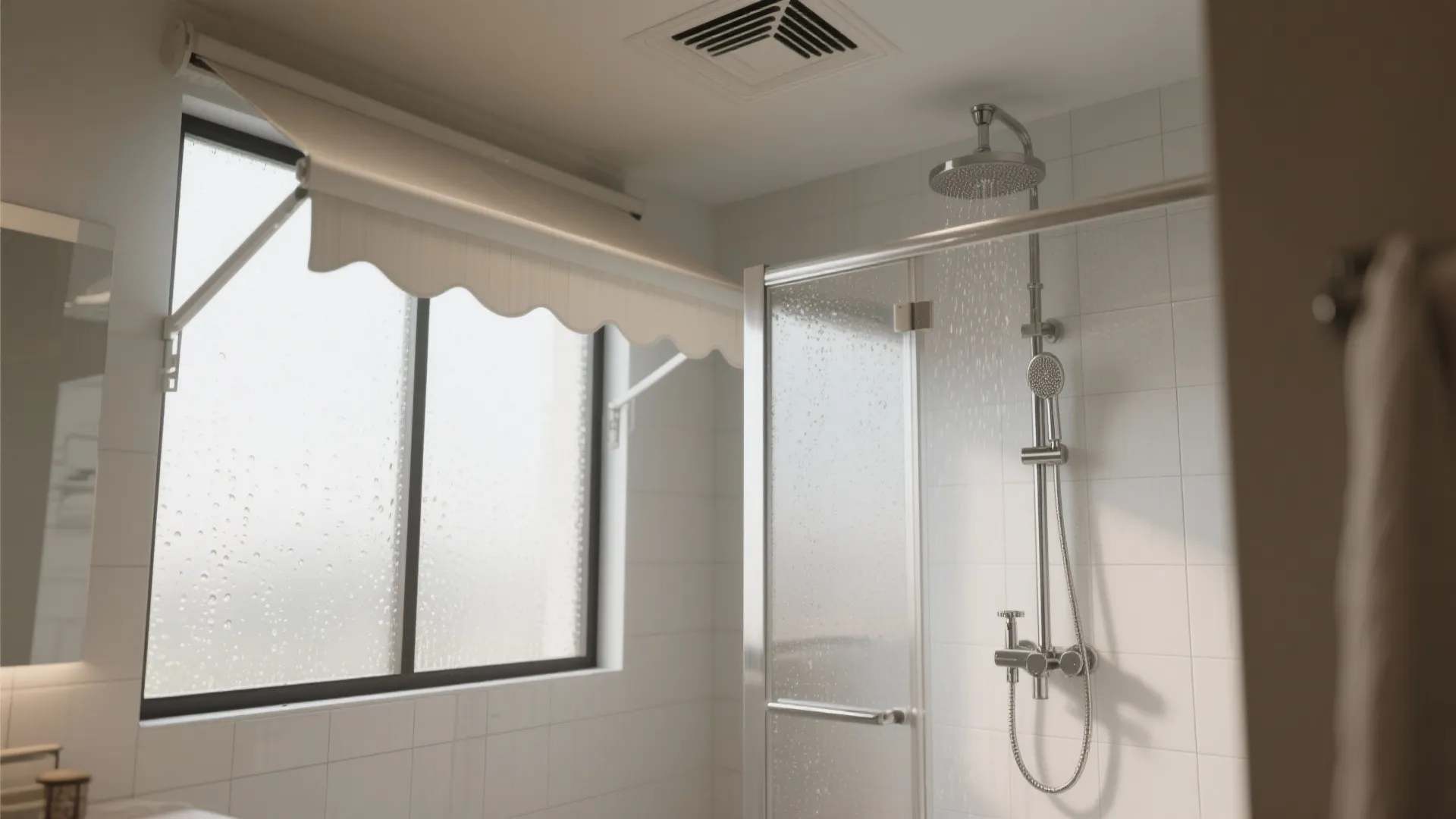 White bathroom showing shower head glass partition and window with a white folding window curtain