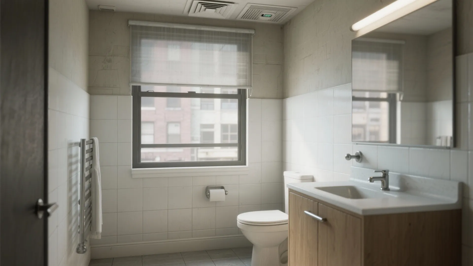 Small bathroom with white tiles wooden cabinet sink toilet and window with grey roller blind