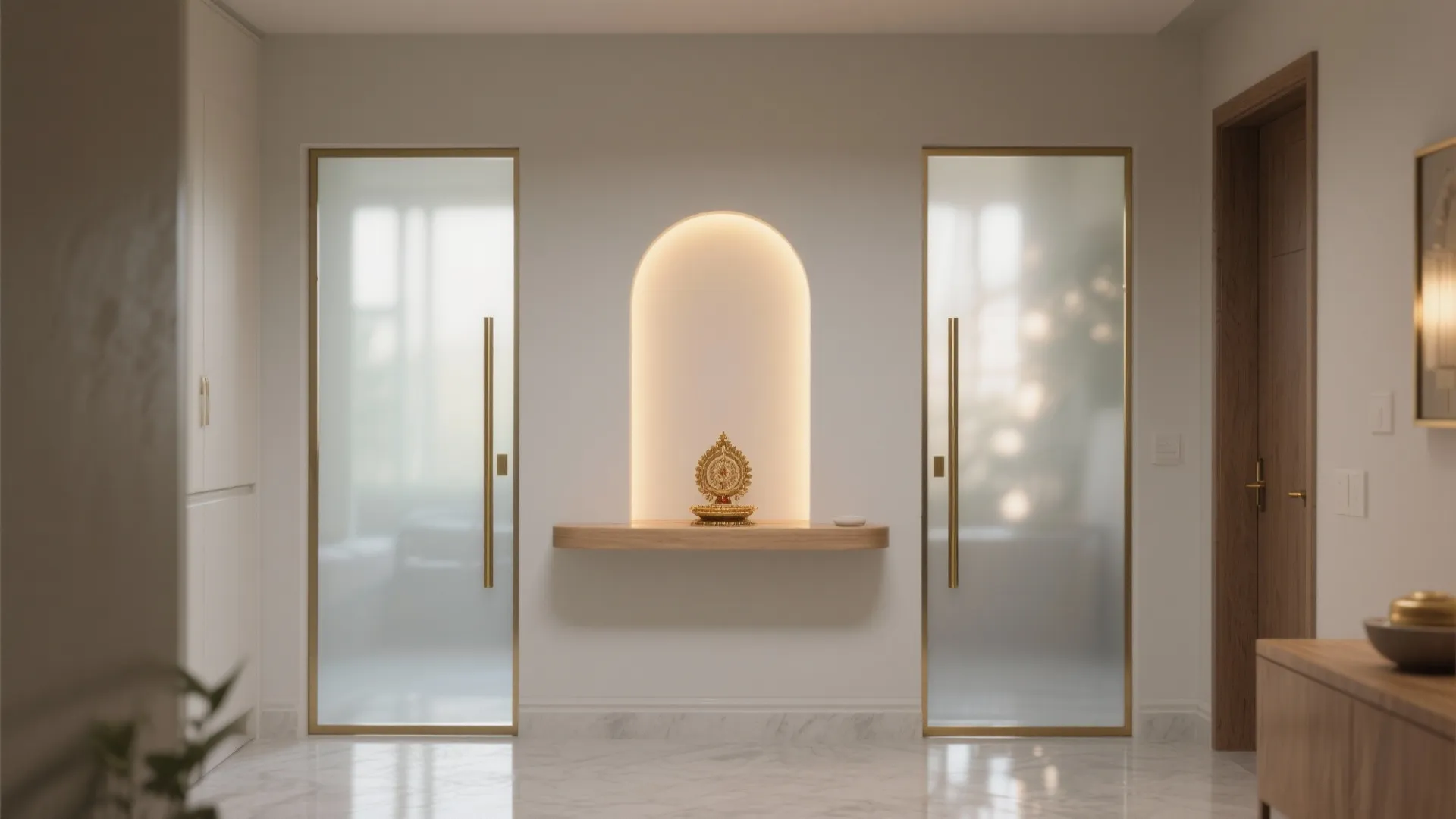 Frosted glass pooja doors with warm LED backlight and brass pull provide privacy while preserving daylight.