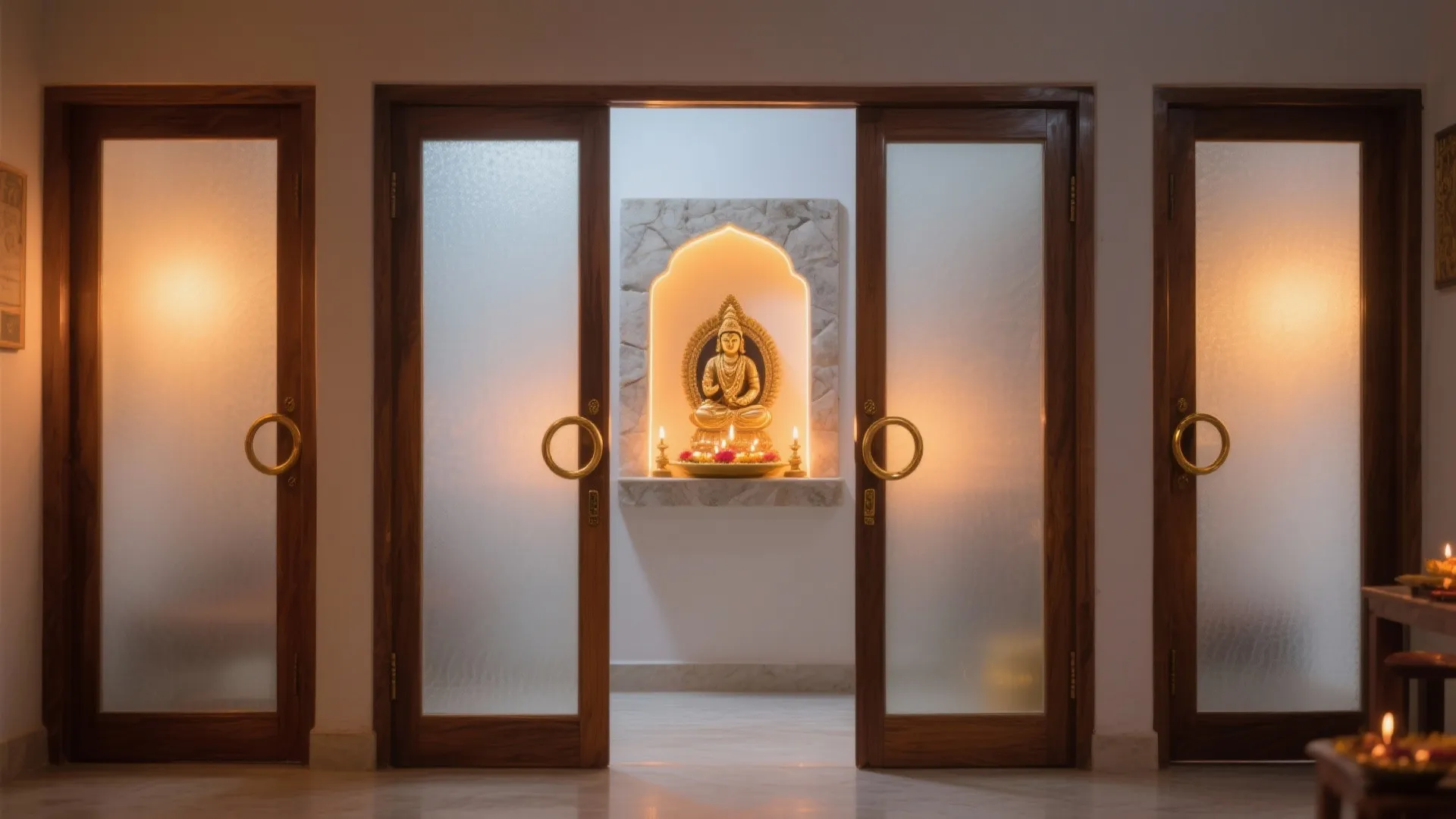 Wooden doors with frosted glass panels reveal a golden statue in a small warm lit room