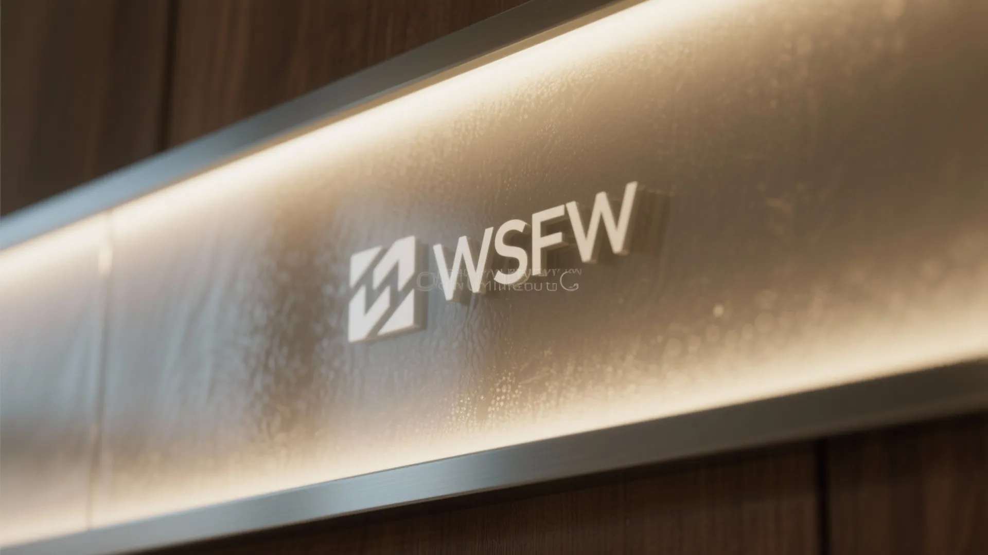 Close-up of a frosted glass panel with subtle LED backlit logo and brushed metal mounting.