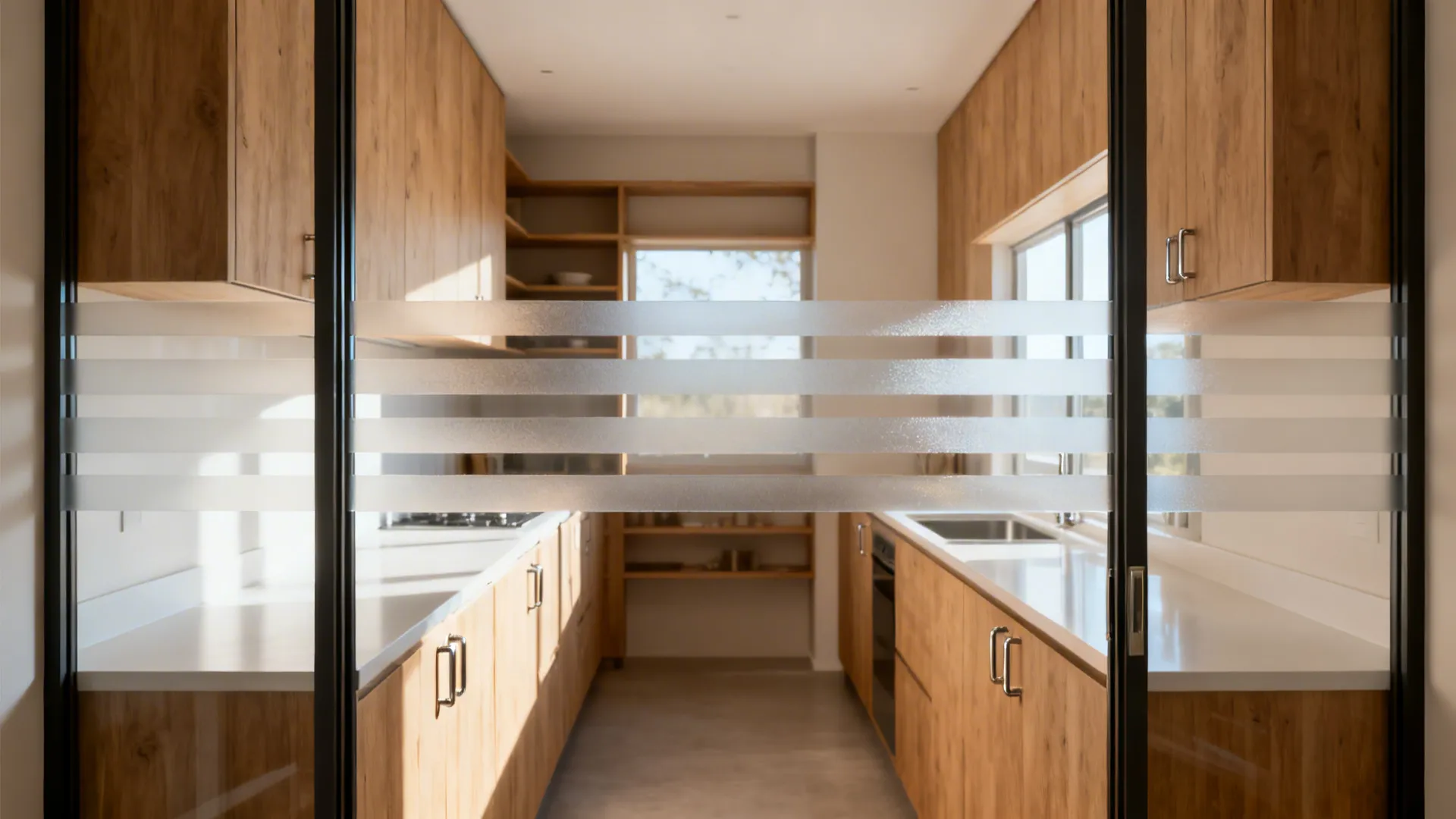Sliding glass door with horizontal frosted bands separating a kitchen with wooden cabinets and countertops