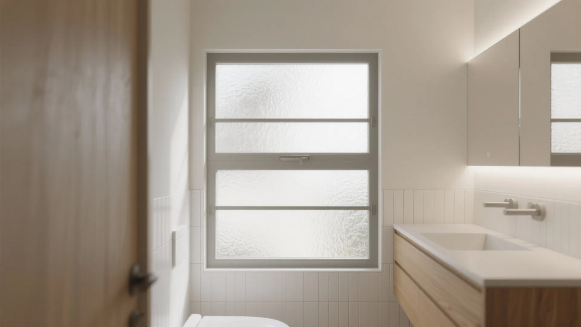 Bathroom window with acid-etched frosted glass and two slim horizontal bars