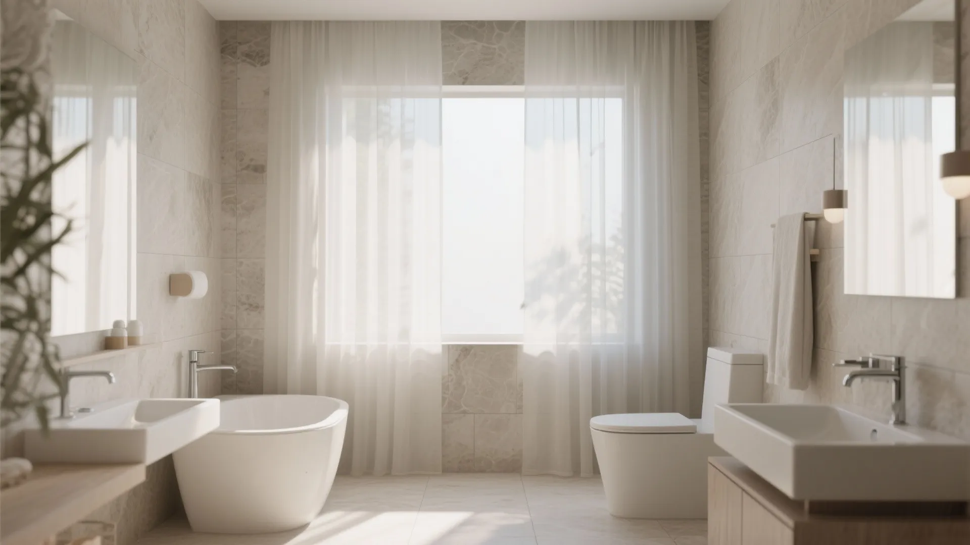 Bright luxury bathroom with white curtains, freestanding bathtub, two sinks, toilet, and beige marble tiles