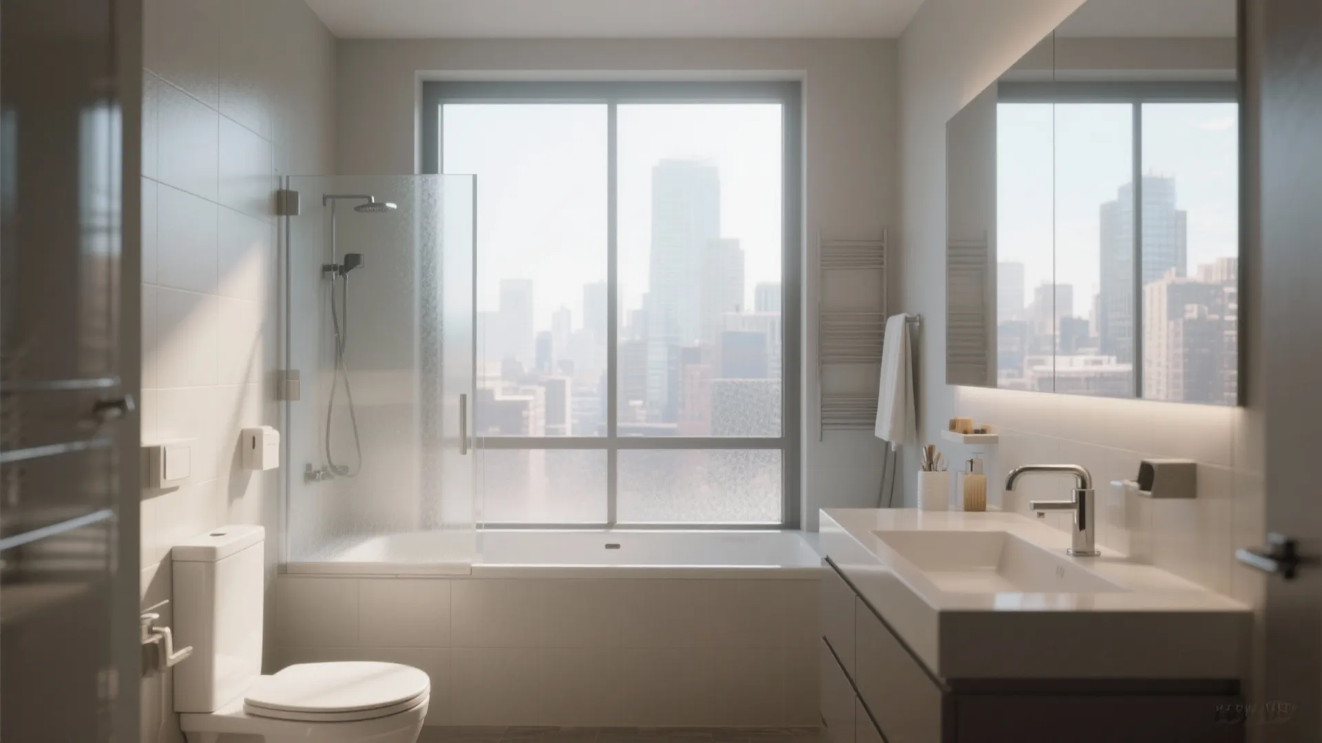 Modern bathroom with white tiles and large frosted windows overlooking a city skyline with buildings