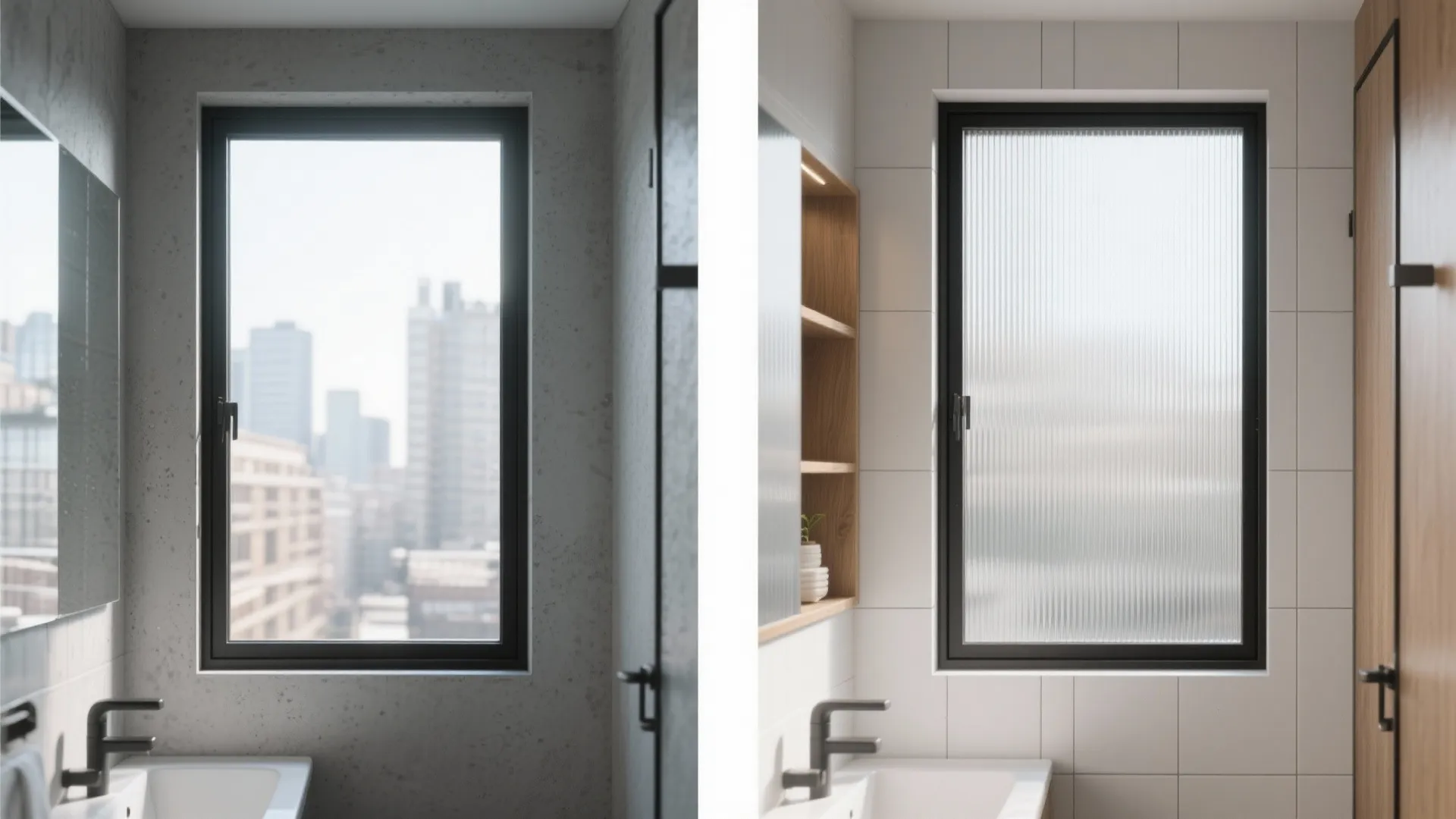 Before and after comparison of a clear glass window showing city views versus frosted glass
