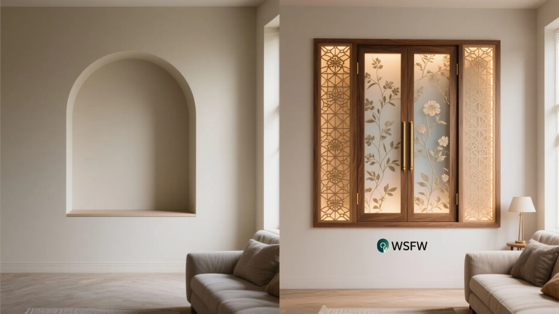 Minimal wood frame with frosted glass jaali